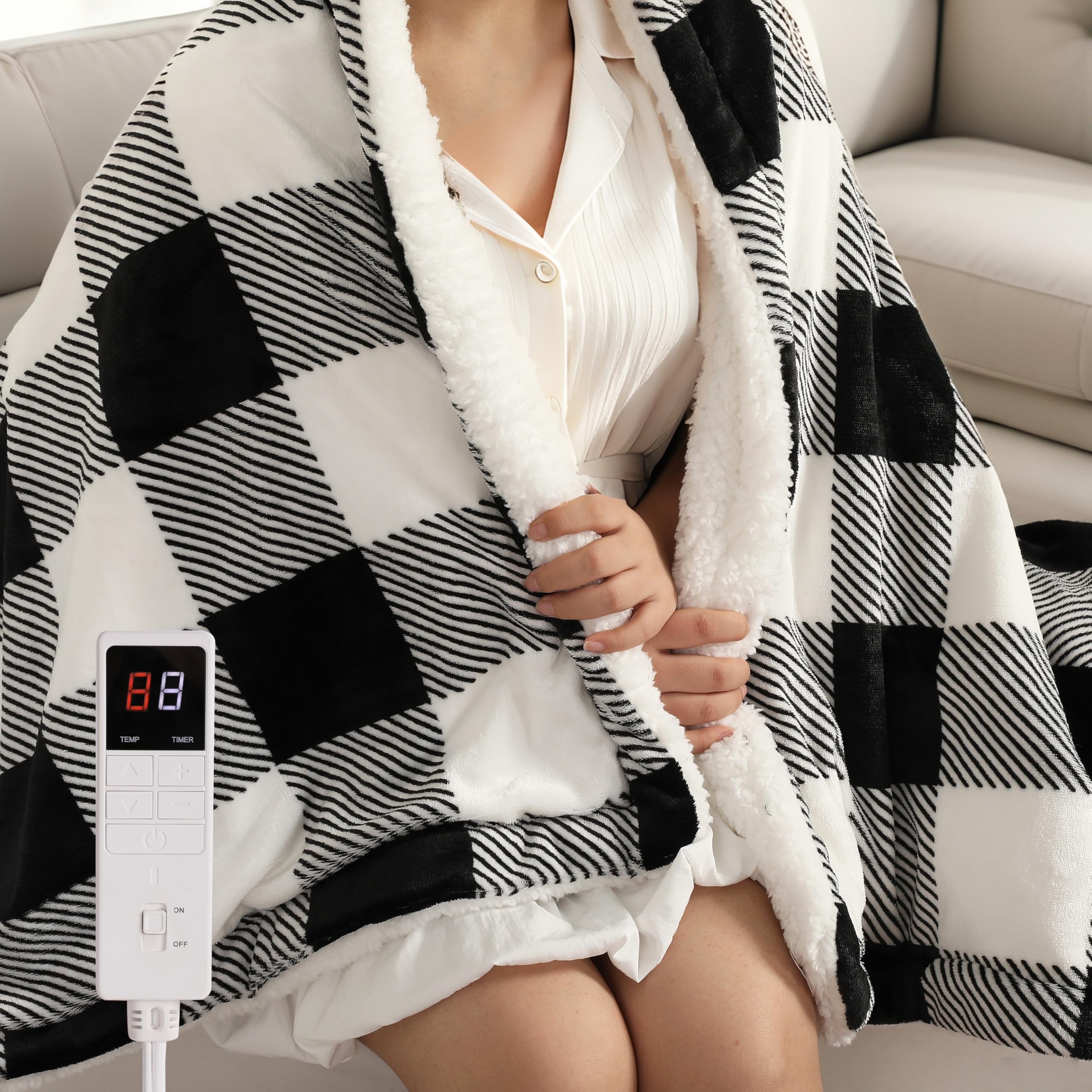 Centhermy Electric Heated Blanket Single – Striped Print Throw with 9 Heat Settings & 9H Timer, Fast Heating & Overheat Protection, 130x160cm – Black & White