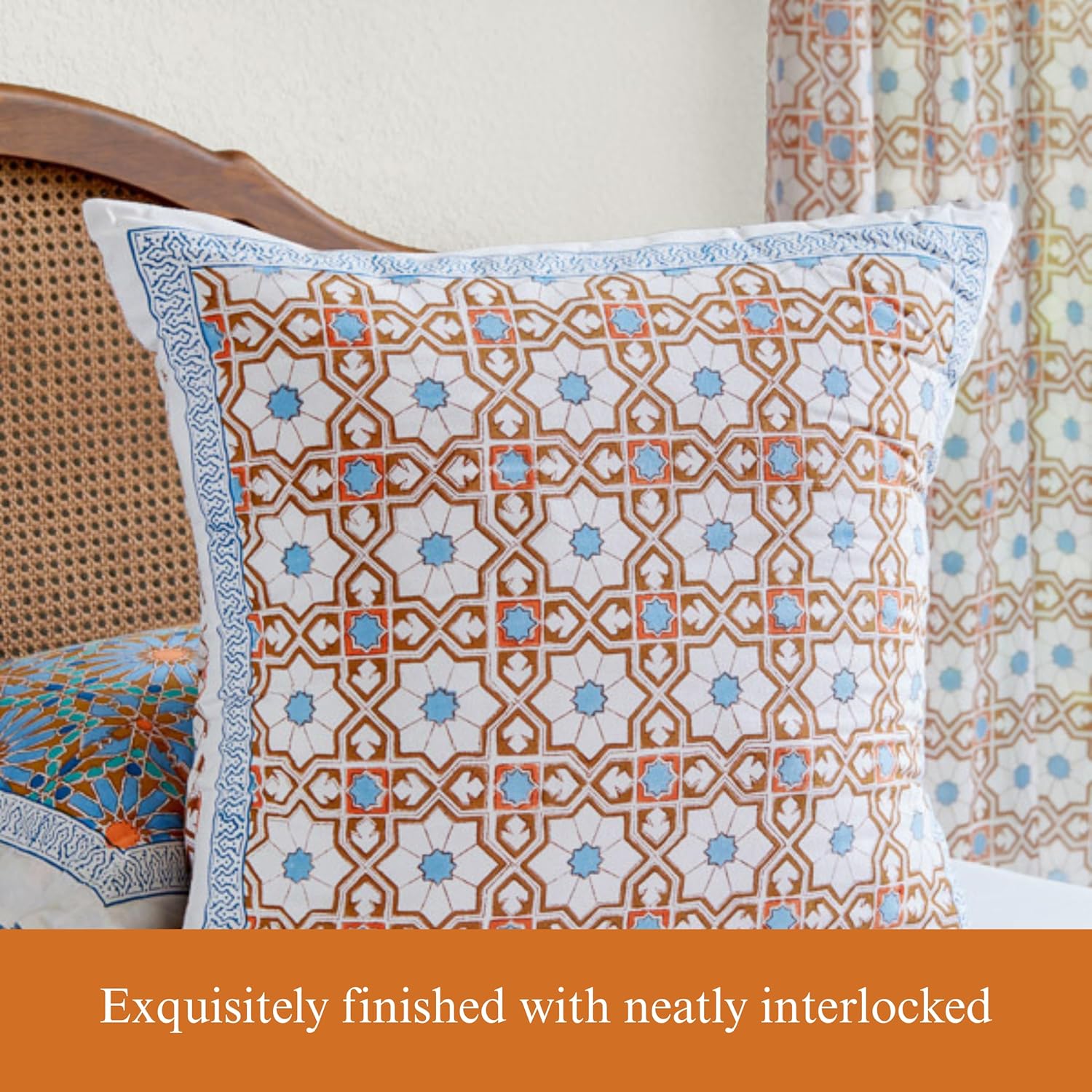 Saffron Marigold 26x26 Euro Sham Cover -Mosaique Bleue Earth - CP Original Design Luxury Hand Printed Cotton - Soft and Chic European Pillow Cushion Case for Bed & Living Room Décor
