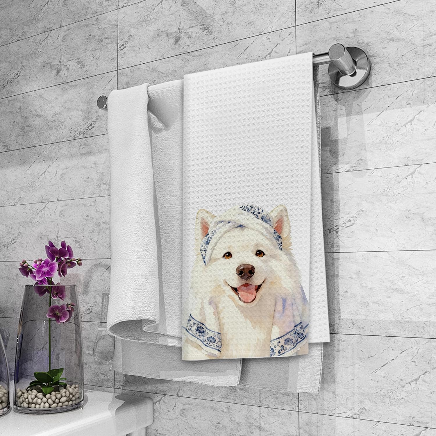 Dibor Funny Chinoiserie Samoyed Dog Hand Towels Set of 2, Samoyed Gifts Decor Hand Towels, Dog Mom Dad Lovers Owner Gifts Decorative Towel for Bathroom, 16x24 Inch
