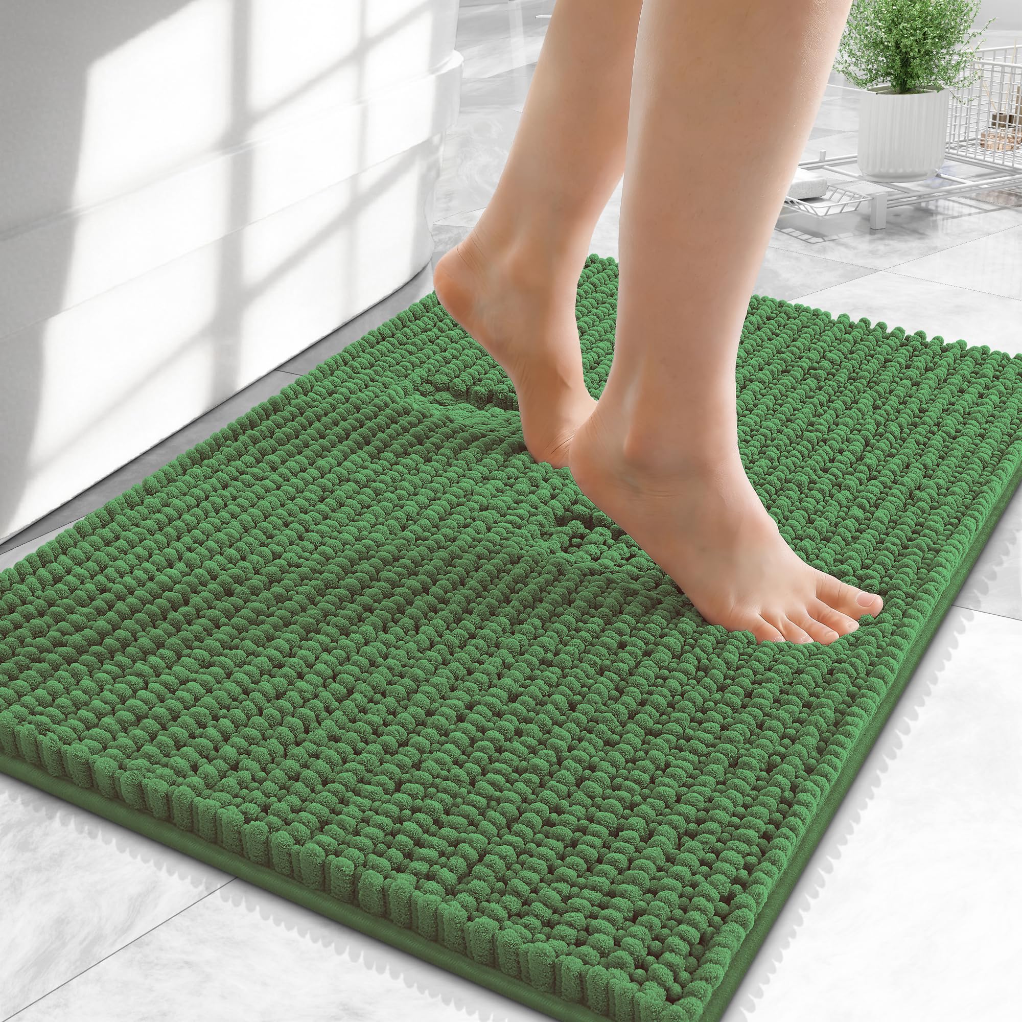 OLANLY Thick Chenille Small Bathroom Rugs Mats 24x16, Olive Green
