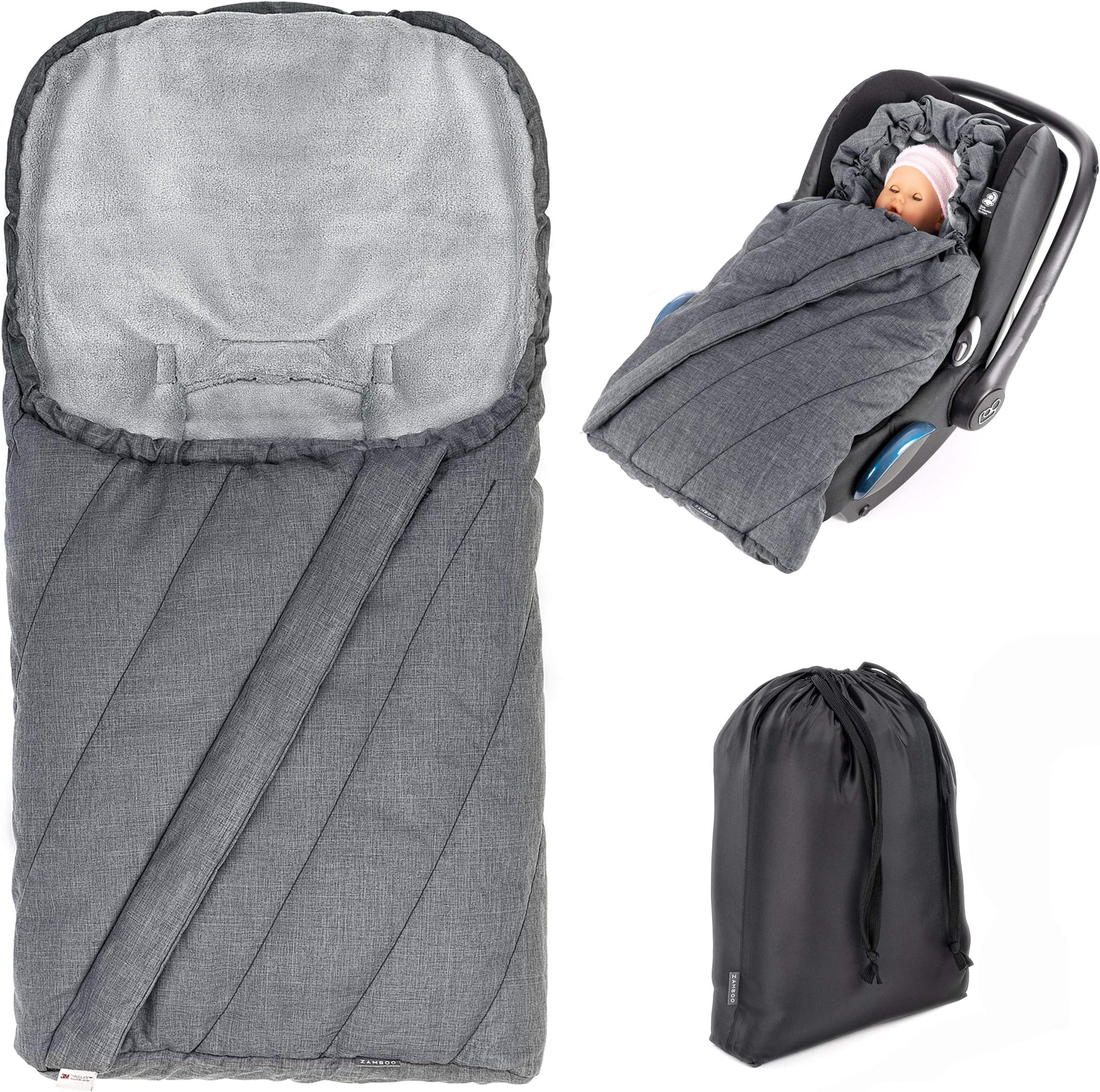 ZAMBOOUniversal Car Seat Footmuff PRO/Soft Thermo Fleece Baby Footmuff with Drawstring Hood and Storage Pouch/Water and Dirt Resistant - Grey
