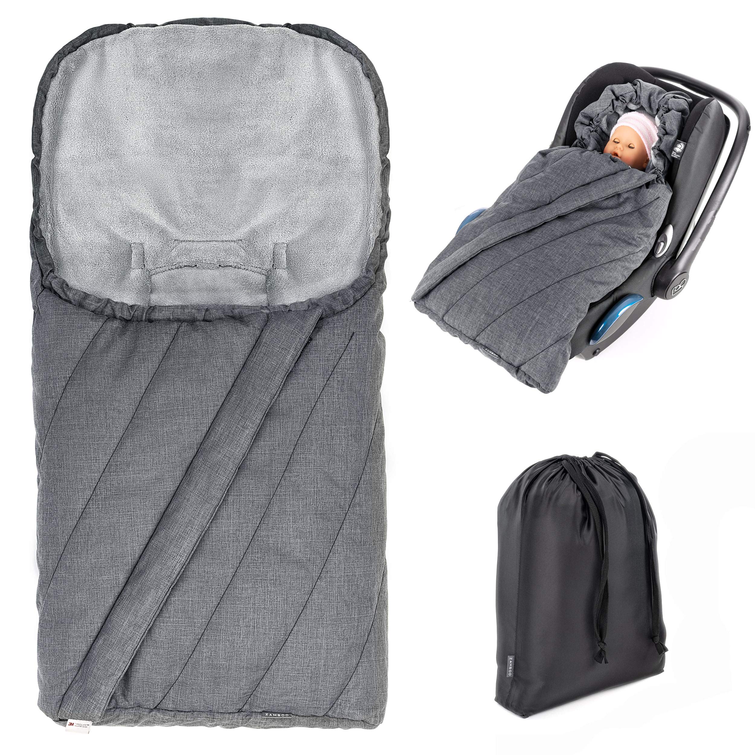 ZAMBOOUniversal Car Seat Footmuff PRO/Soft Thermo Fleece Baby Footmuff with Drawstring Hood and Storage Pouch/Water and Dirt Resistant - Grey