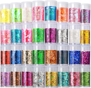 LEOBRO Holographic Chunky Glitter, 32 Colors Glitter for Crafts, Resin, Body Hair Face Nails, DIY Party Decorations, Flakes Sequins for Crafts
