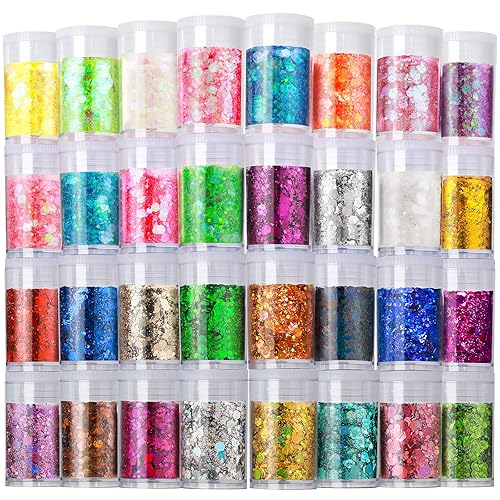 LEOBRO Holographic Chunky Glitter, Set of 32 Colors, Craft Glitter for Resin, Crafts Tumblers Nails Body, Christmas Halloween Sequins Flakes for Arts Crafts - B-Chunky Glitter