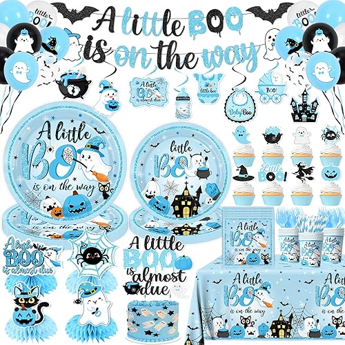 197pcs Halloween Little Boo Baby Shower Decorations for Boy,A Little