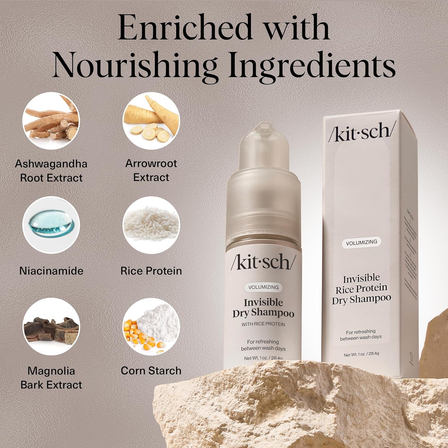 Kitsch Volumizing Rice Protein Dry Shampoo Powder - Dry Shampoo for Women & Men, No White Cast, Absorbs Oil, Non-Greasy, Light-to-medium Hair Colors, Travel Size | Ideal - Invisible 1oz