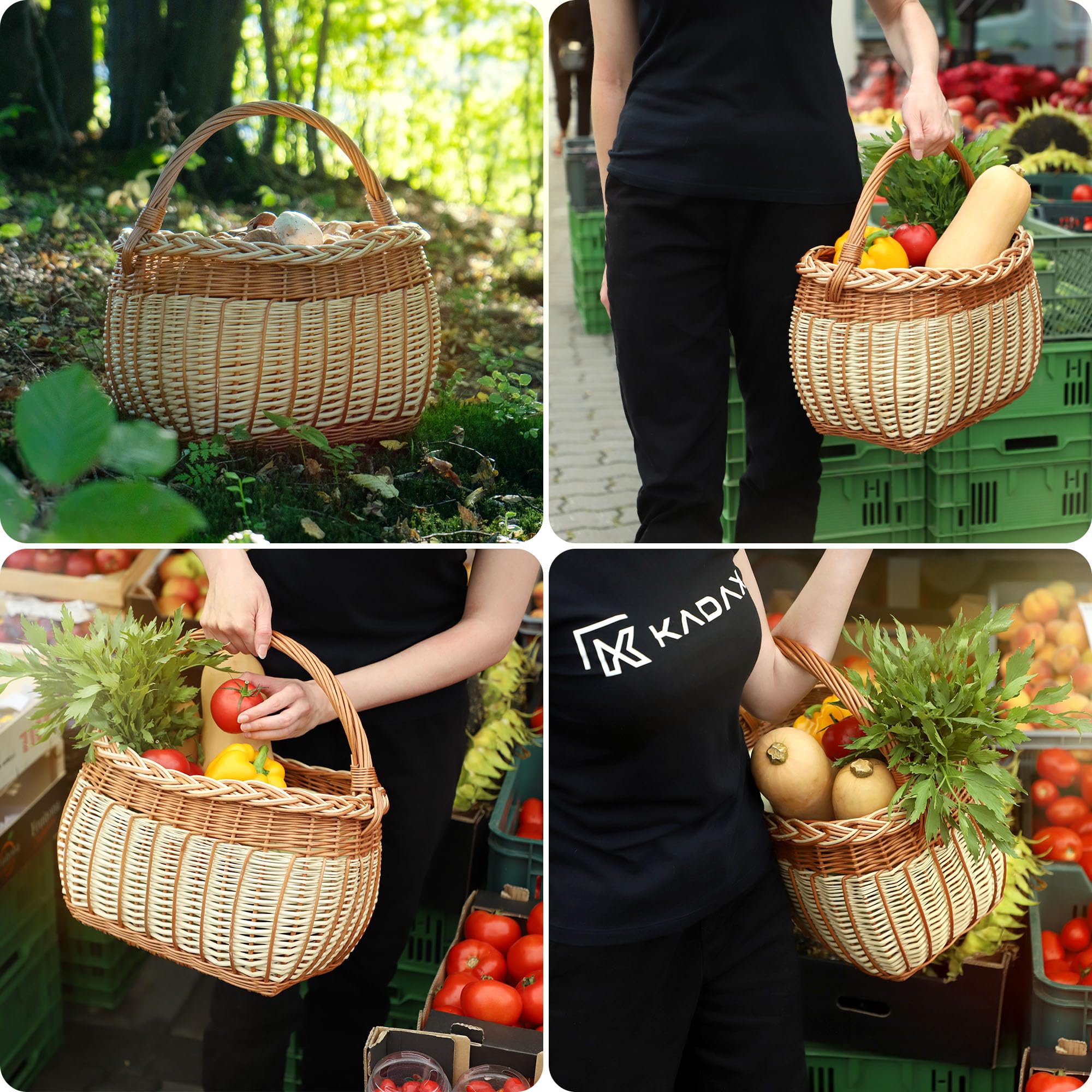 KADAX Panier en osier pour champignons, ovale, robuste, avec poignée de poignée, pour le jardin, le transport, 31 x 26 x 41 cm