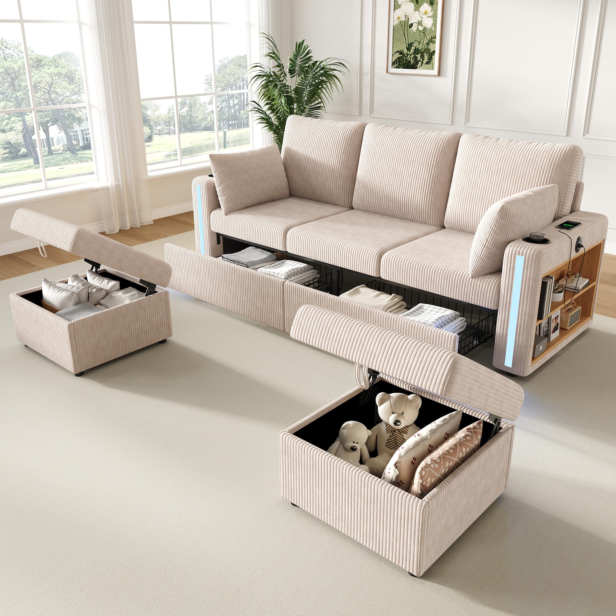 Canapé d'angle Convertible, Canapé Modulable 3 Places avec 2 Poufs de Rangement et Éclairage LED, Canapé en U avec Ports USB/Type-C et Porte-Gobelets, Velours Côtelé, pour Salon, 190x130x85 cm, Beige