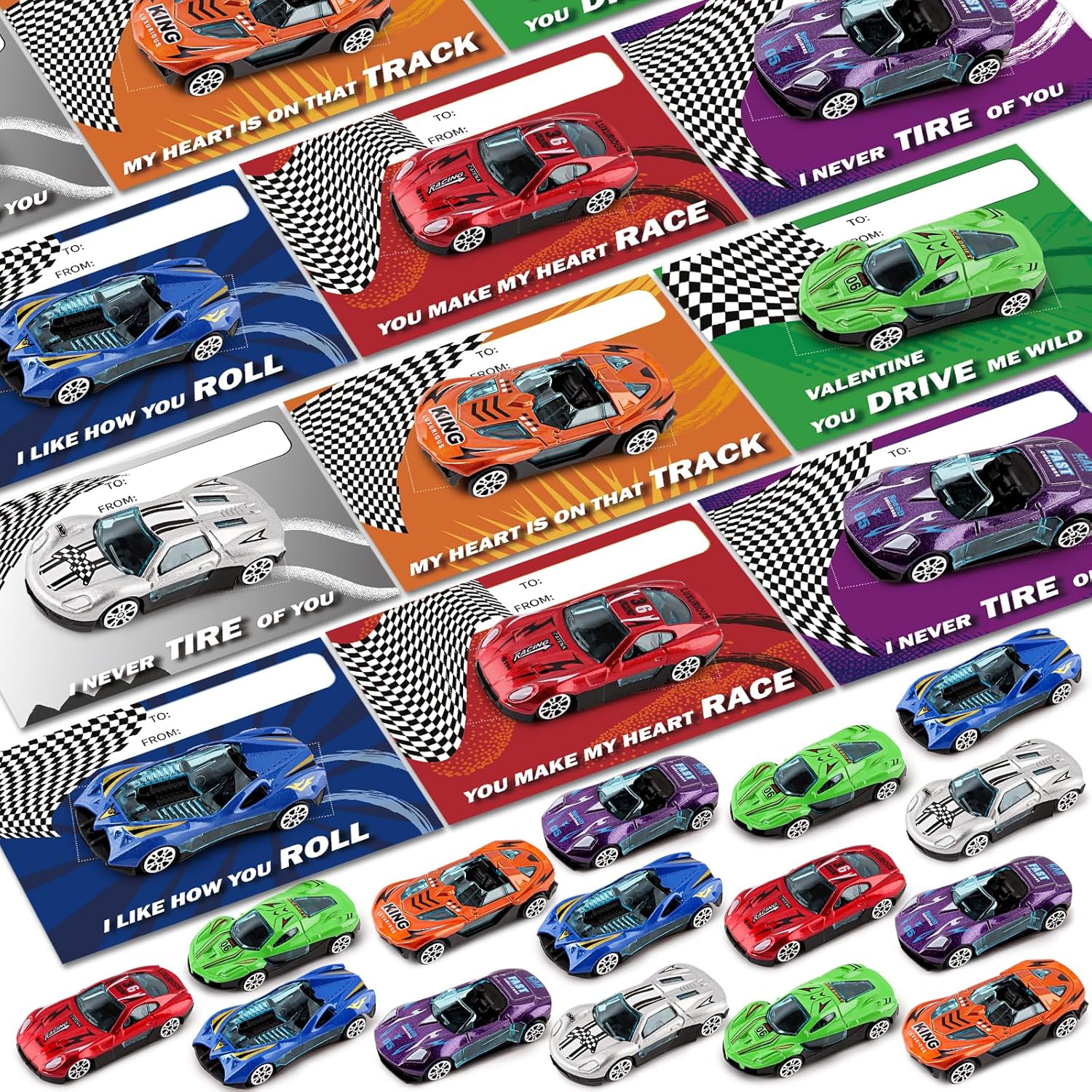 Valentines Day Cards for Kids School, 24 Pack Metal Die-Cast Racing Cars with Valentines Day Cards, Valentines Day Gifts for Kids Classroom Exchange, Valentine's Party Favor Supplies, Prizes