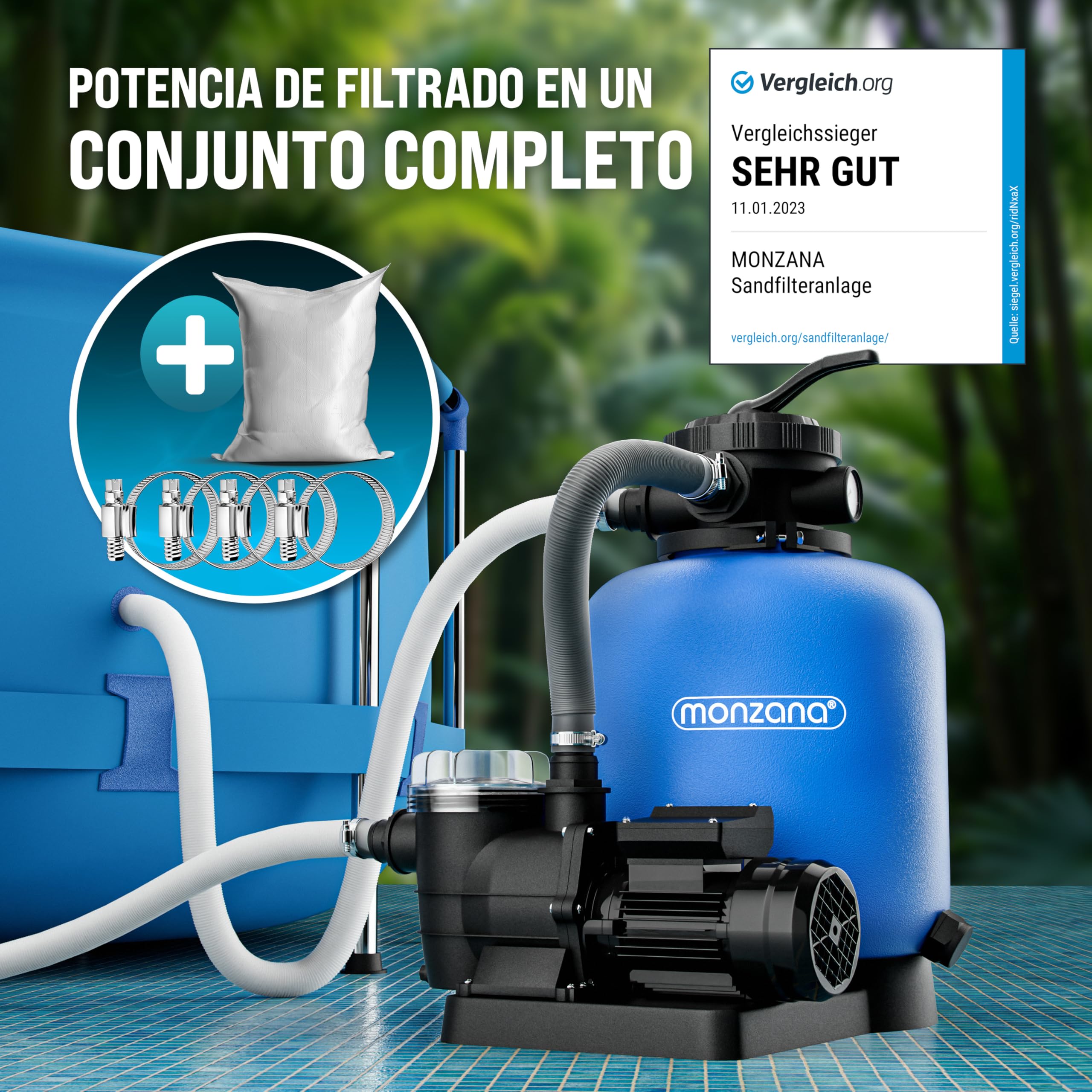 MONZANA Depuradora Piscina 13.200L/h | Filtro Arena 58.000L, Vidrio Filtrante, Válvula 7 Funciones Filtrado, Bomba, 600W, Adaptador Ø32-38mm, Indicador Presión