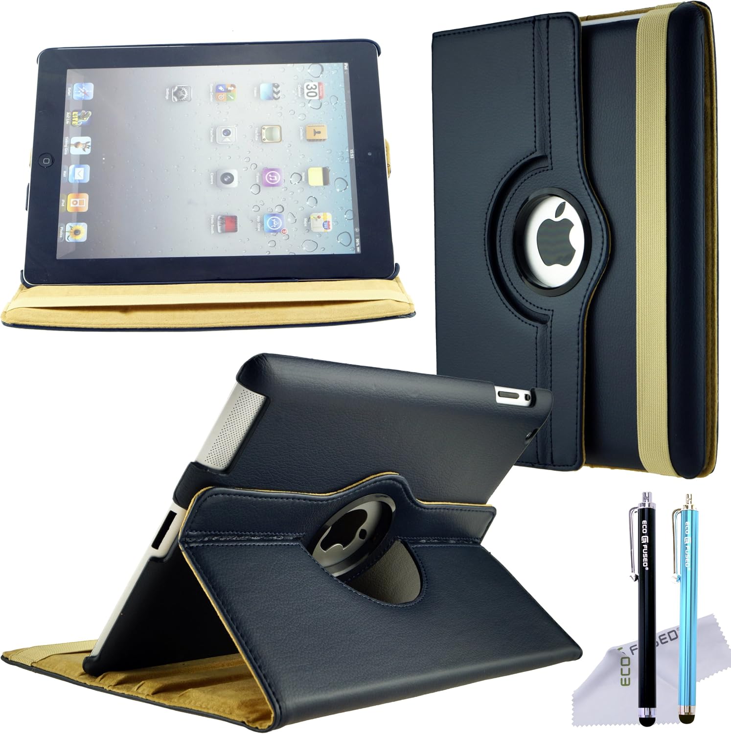 iPad Case Bundle including 1 Rotating Faux Leather Cover for iPad 4 (Retina Display), iPad 3, iPad 2 (Wifi or Cellular, 16GB or 32GB or 64GB) / 2 Stylus Pens / 1 ECO-FUSED Microfiber Cleaning Cloth (Dark Blue)