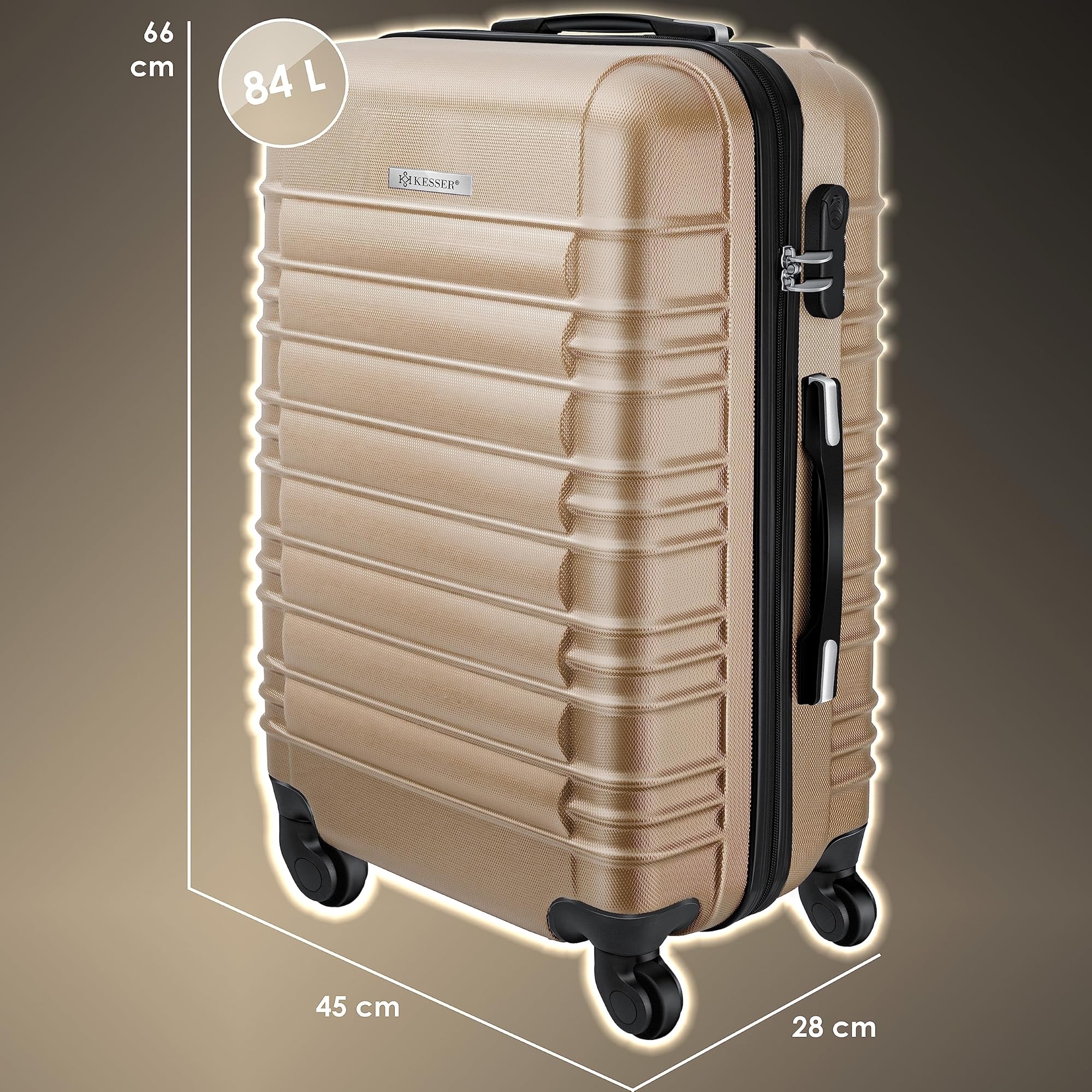 KESSER® Valigia da viaggio, incl, Bilancia per bagagli + Etichetta per bagagli, Trolley, Valigia, Serratura a combinazione, Guscio rigido in ABS, 66cm - 84L / Champagne