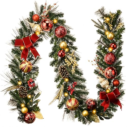 Valery Madelyn Guirnalda de Navidad preiluminada de 9 pies con luces para manto, guirnalda de Navidad iluminada al aire libre con bolas de oro rojo disponible en Yaxa Colombia