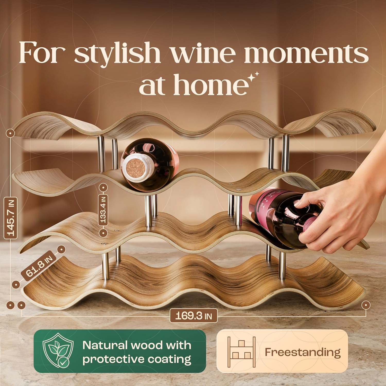 Wooden Wine Rack 14 Bottles Countertop | Freestanding Natural Wood Bottle Holder | Modern, Decorative & Space-Saving | Slim & Compact Design | 4 Tiers (16,9 x 14,6, x 6,2 in)