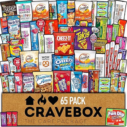 CRAVEBOX Paquete variado de cajas de aperitivos (65 unidades) cesta de regalo de San Valentín para adultos, niños, nietos, chicos, niñas, mujeres,
