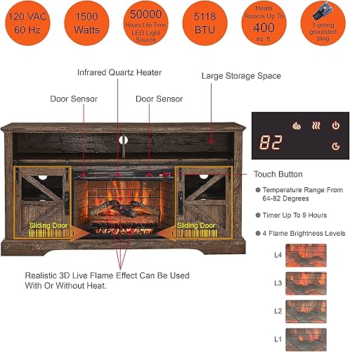 Miniatura 3 de KUIKUI Soporte de TV con chimenea eléctrica para televisores de hasta 70 pulgadas, silla de 60 pulgadas, estufas de chimenea eléctrica, consola de
