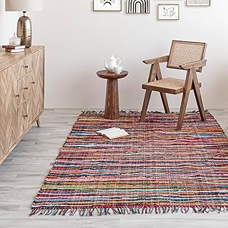 HOMEMONDE Multicolor Rag Rug with Tessels - 4'x6' Reversible Handcrafted...
