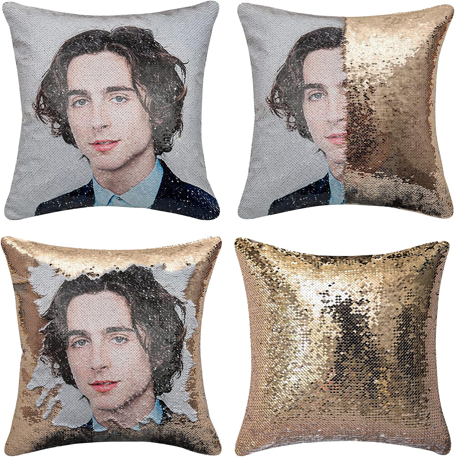Jiamos Timothee Chalamet Sequin Pillow Covers Funny Gag Gifts for Her Him Magic Reversible Mermaid Throw Pillow Decorative Accent Pillowcase 16x16 inches, no Filler(Champagne Gold)