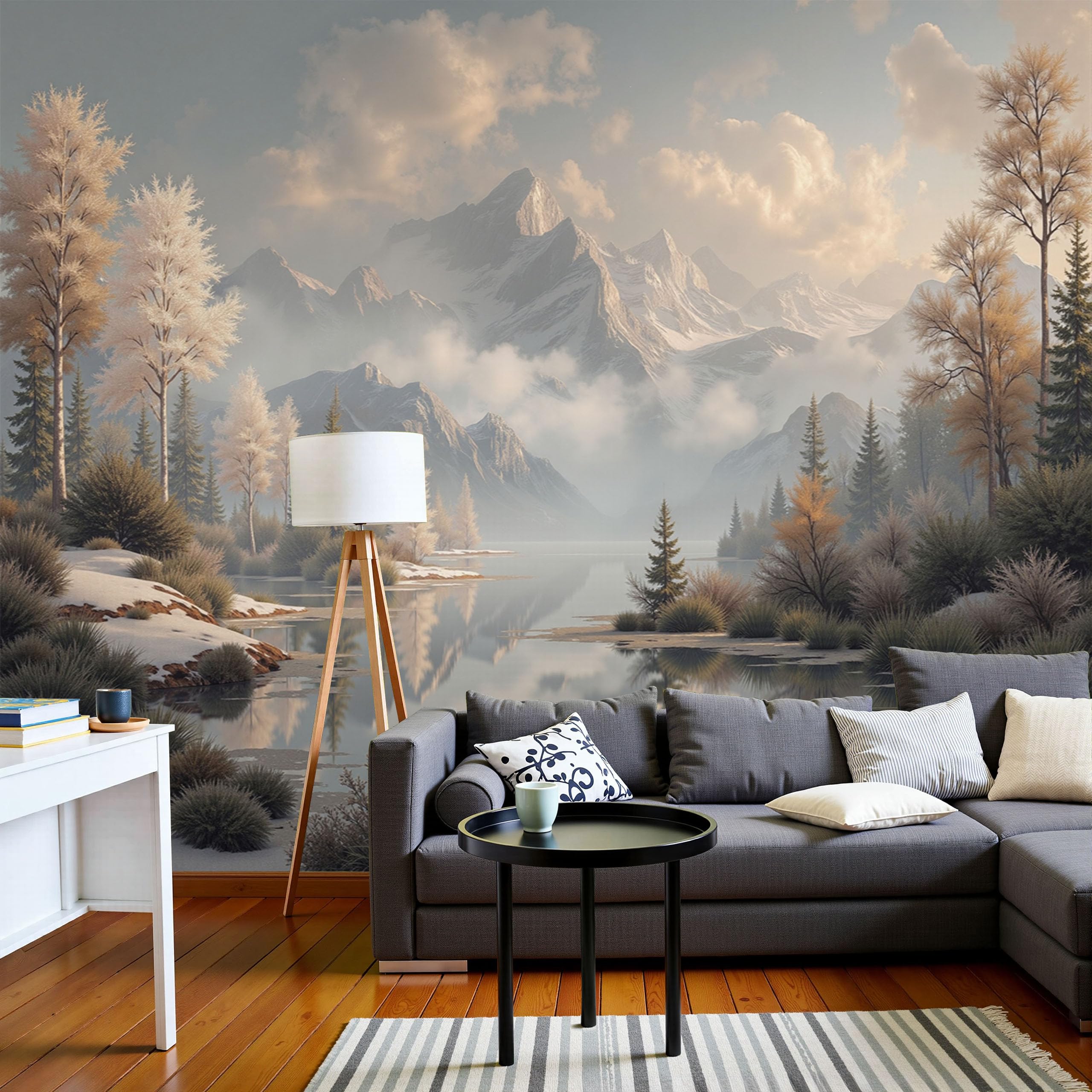 Papier peint forêt de montagnes hivernales pour créer un salon chaleureux et cosy