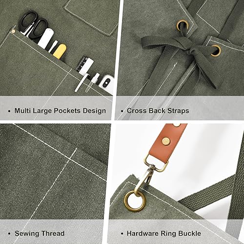 Miniatura 3 de Delantal de chef para hombres y mujeres, delantales de lona con 3 bolsillos traseros cruzados, delantal de trabajo resistente para cocinar