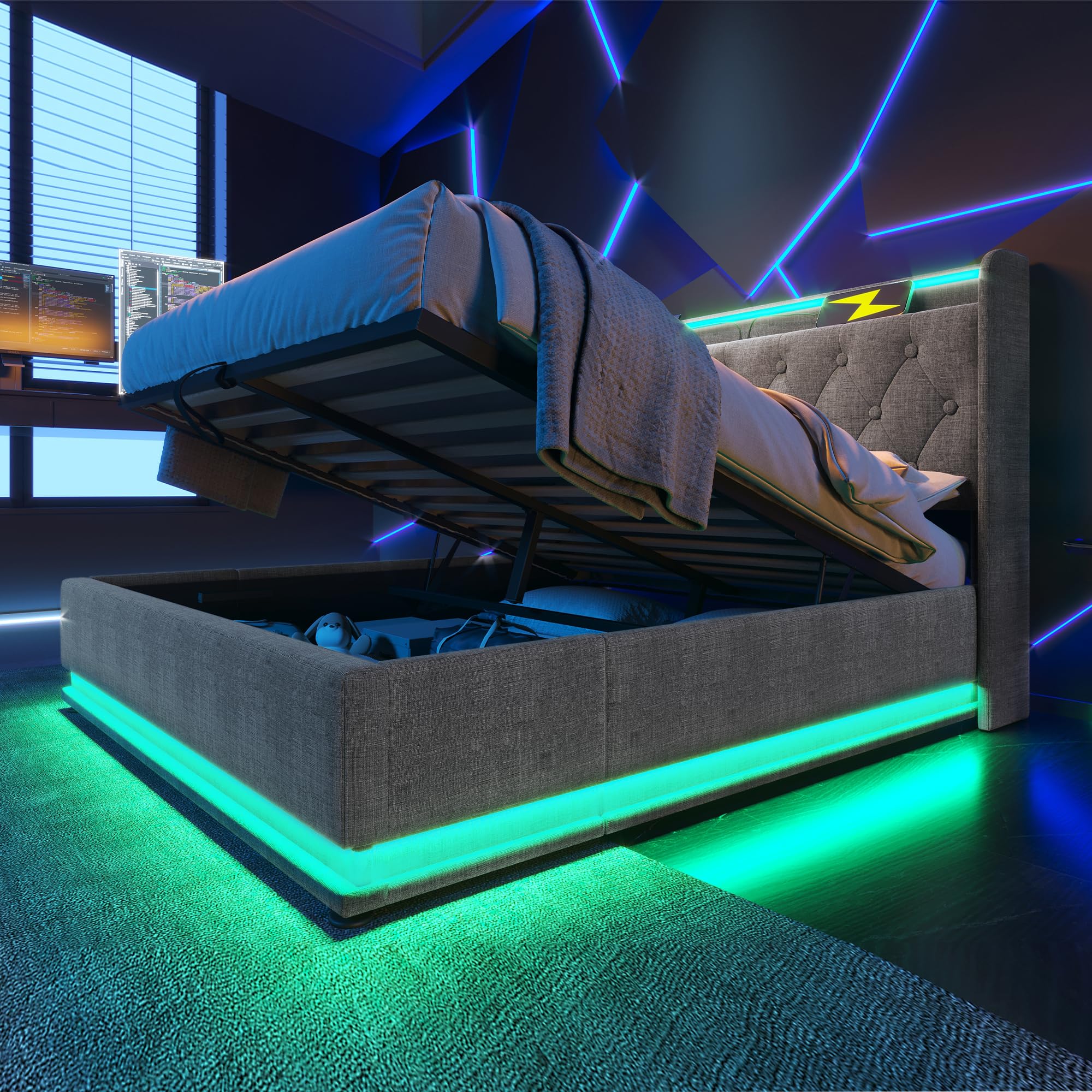 Letto contenitore doppio 160x200 cm, letto una piazza e mezza,letto imbottito con porte USB, illuminazione a LED e sistema idraulico, tessuto in lino, grigio (senza materasso)