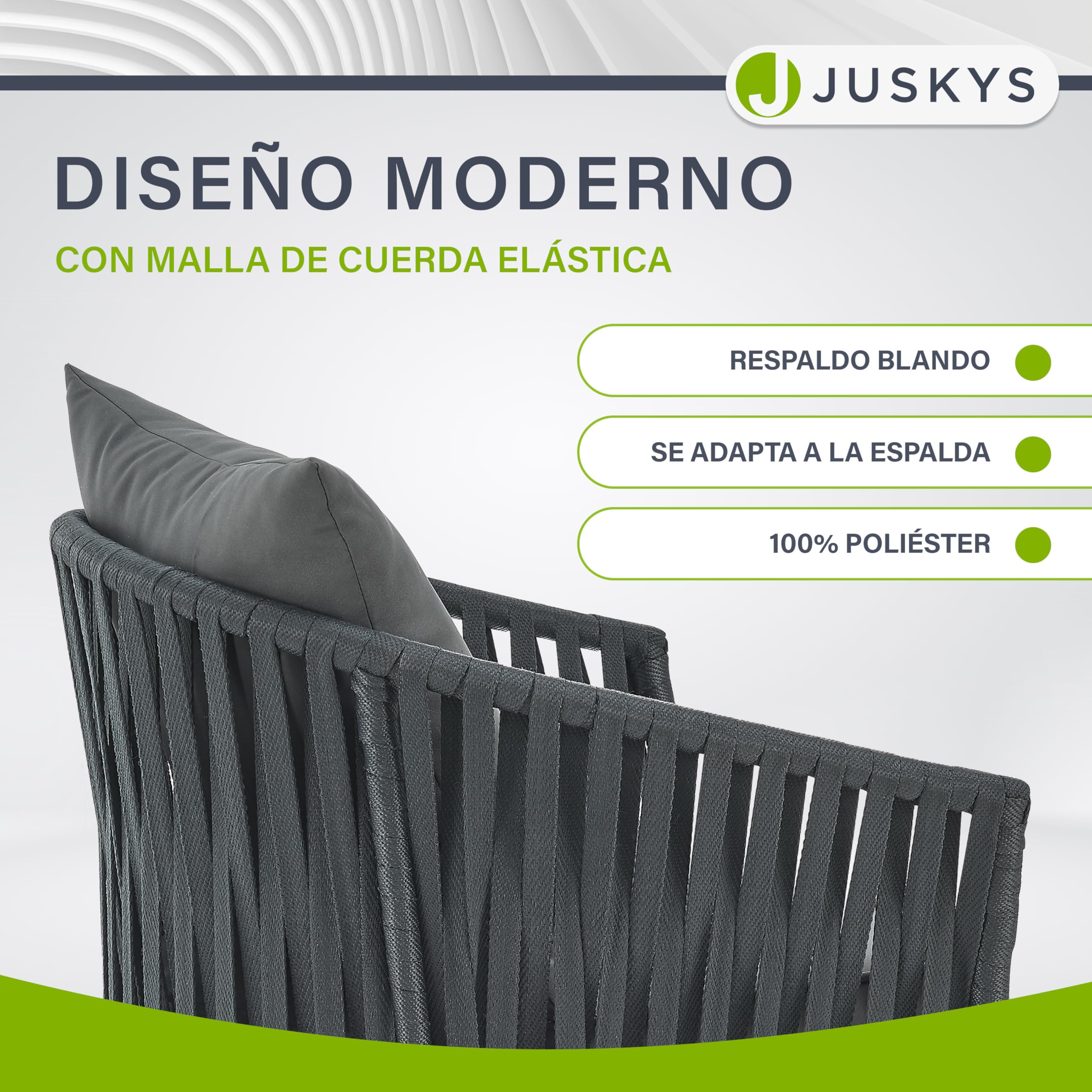 Juskys Rope - Juego de 2 sillas de jardín resistentes a la intemperie, soporta hasta 160 kg, cojines de asiento y respaldo de poliéster, 2 sillas de acero y polipropileno para jardín, terraza y balcón