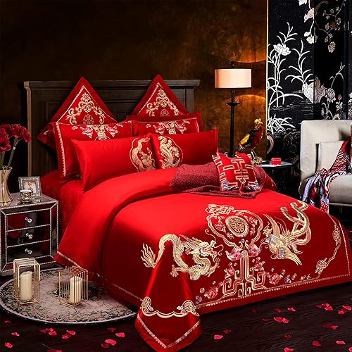 Miniatura 66 de Luxury Double Happiness Dragon and Phoenix Bird Embroidery Chinese Wedding Red Bedding Set King Queen Size 100% Cotton Embroider Red Wedding Duvet