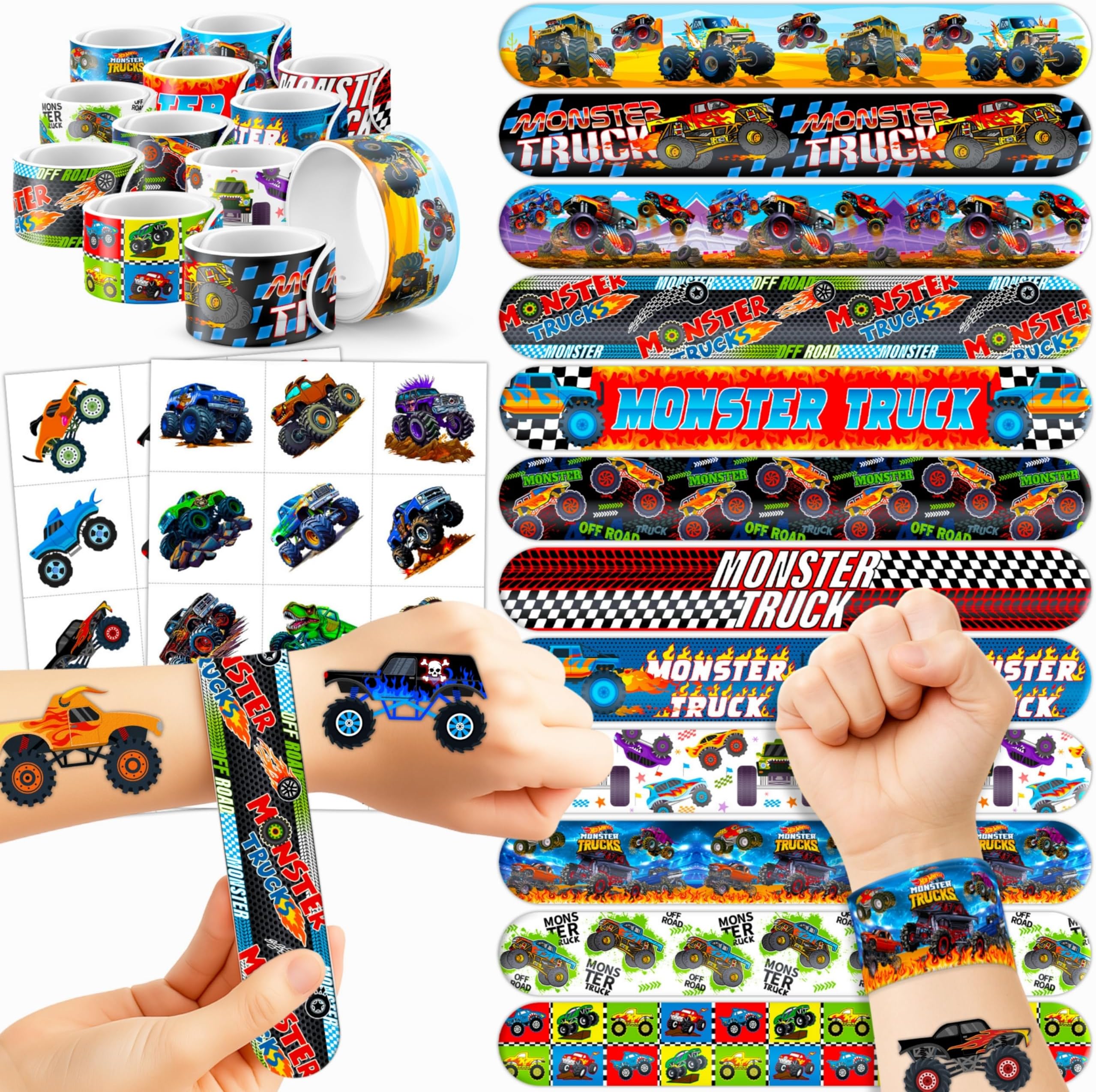 - 72PCS Monster Truck Party Favors 48 Pre-cut Temporary Tattoos & 24 Slap Bracelets for Kids – Ideal for Boys' Birthday Parties, Classroom Prizes, and School Rewards