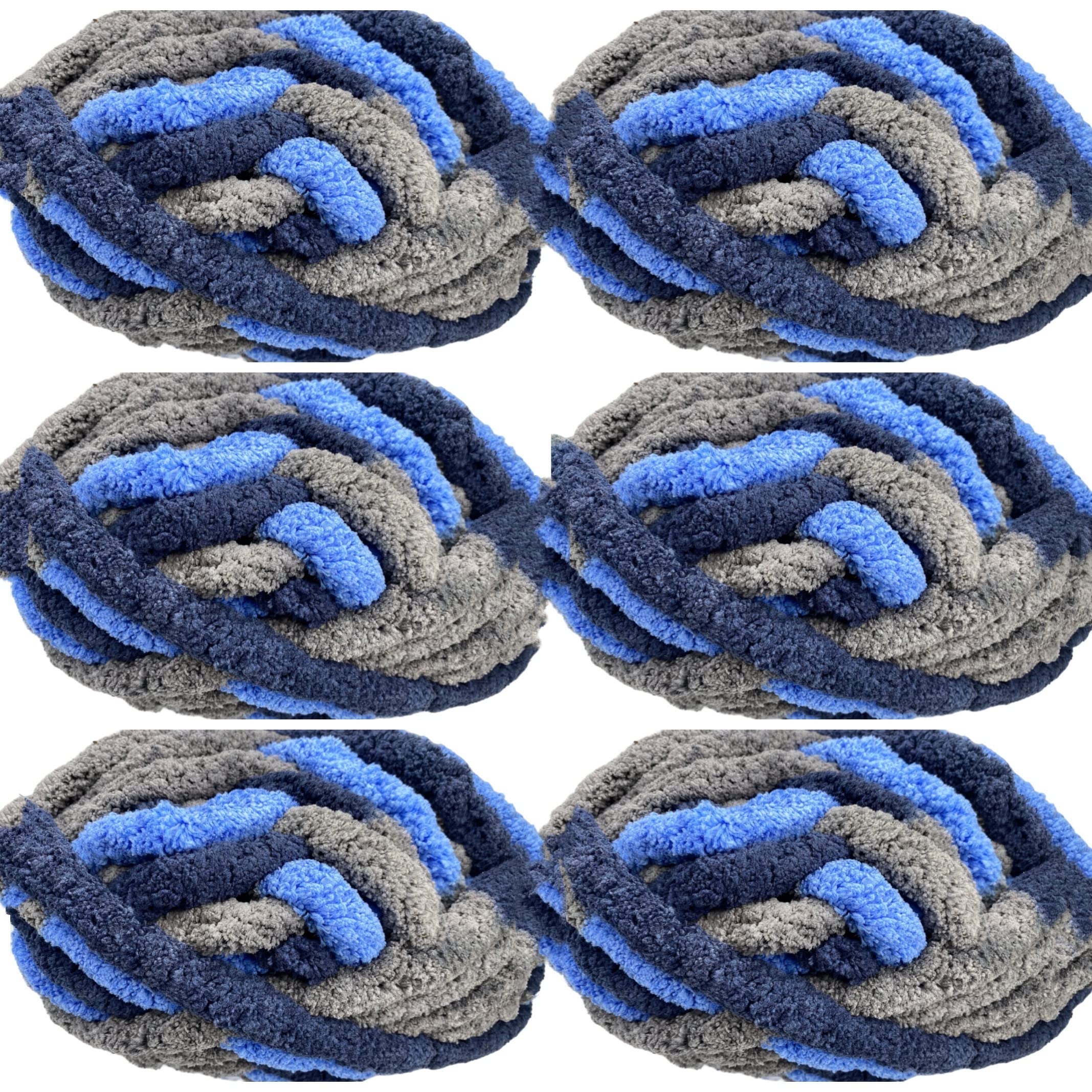 Chunky Chenille Yarn 3lb for Blanket, Multi Grey Blue 6 Pack Super Soft Thick Fluffy Jumbo Chunky Chenille-Style Polyester Arm Knitting Multicolor Yarn 48oz 163 Yards for Home Décor Projects