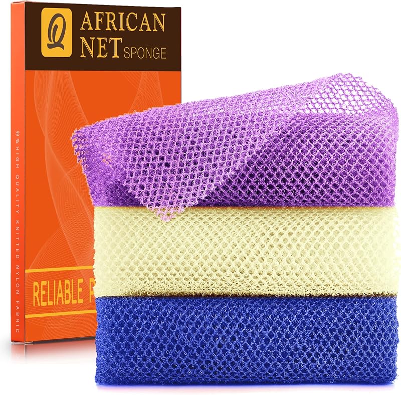 UJFQBH Esponja de banho de nylon tipo rede, alongada, 3 unidades, Roxa, Azul e Off-White