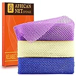 UJFQBH 3 Pieces African Bath Sponge African Net Long Net Bath Sponge Exfoliating Shower Body Scrubber Back Scrubber Skin Smoother,Great for Daily Use (Purple,Blue,Off-White)