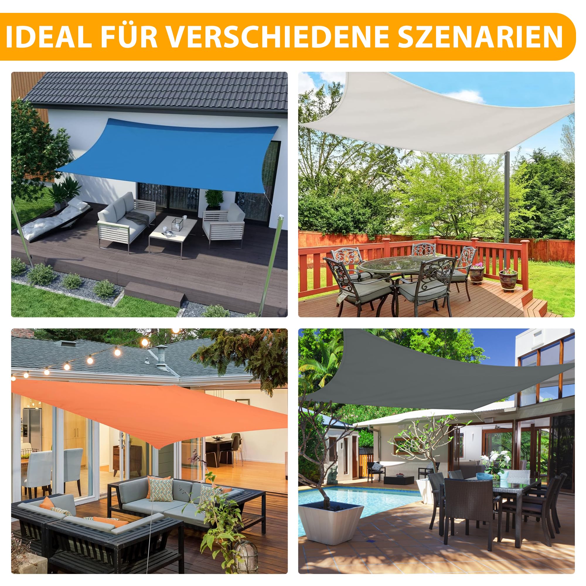 jarolift Sonnensegel Rechteckig, Wasserabweisend, Sonnenschutz Sichtschutz für Terrasse Garten Balkon, Polyestergewebe 500 x 400 cm, Sand Sport & Freizeit