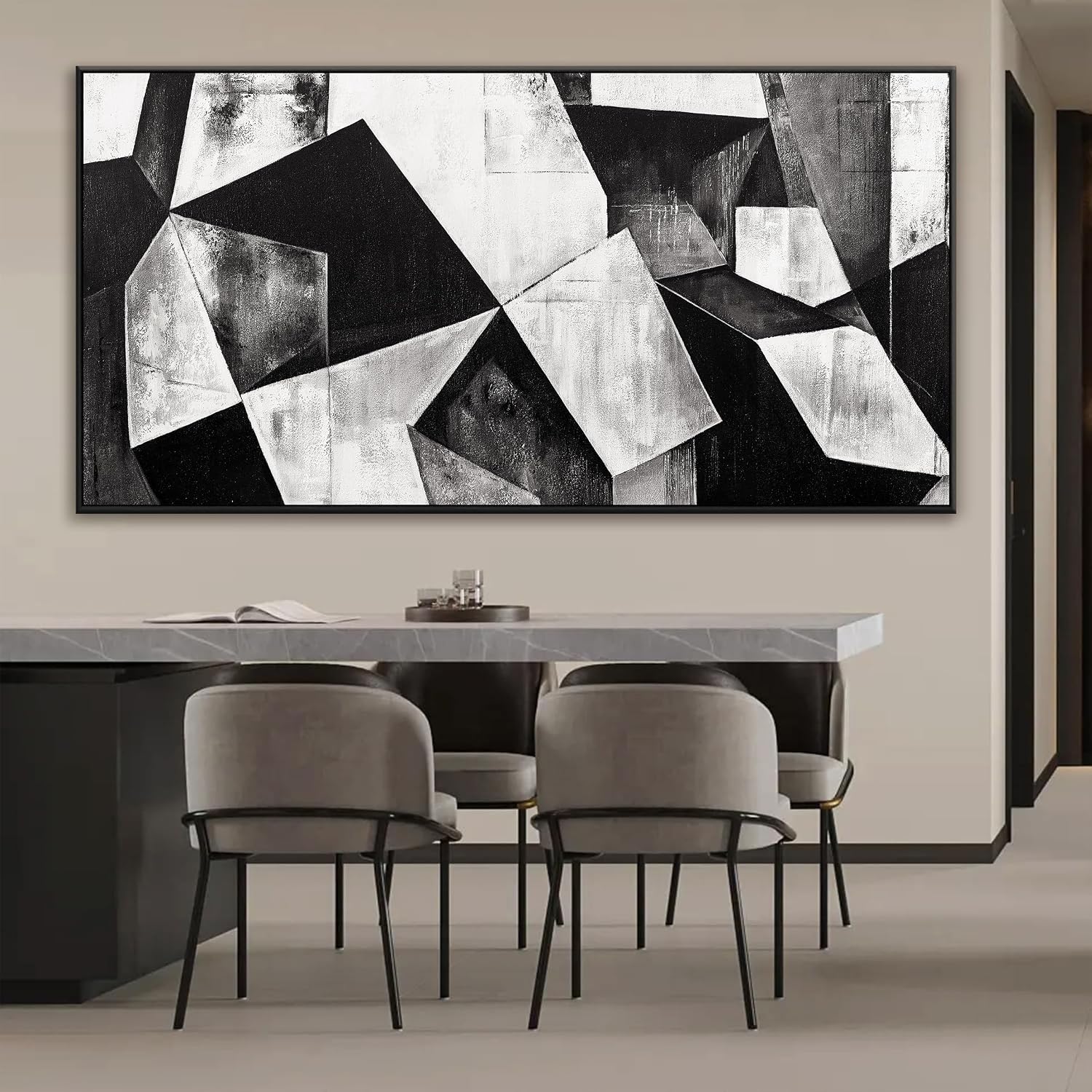 Large Abstract Wall Art For Living Room Geometric Color Block Black And White Wall Art Painting Print Canvas Art Wall Decor Simple Picture Artwork Bedroom Office Home Wall Decor 29" X 58" With Framed