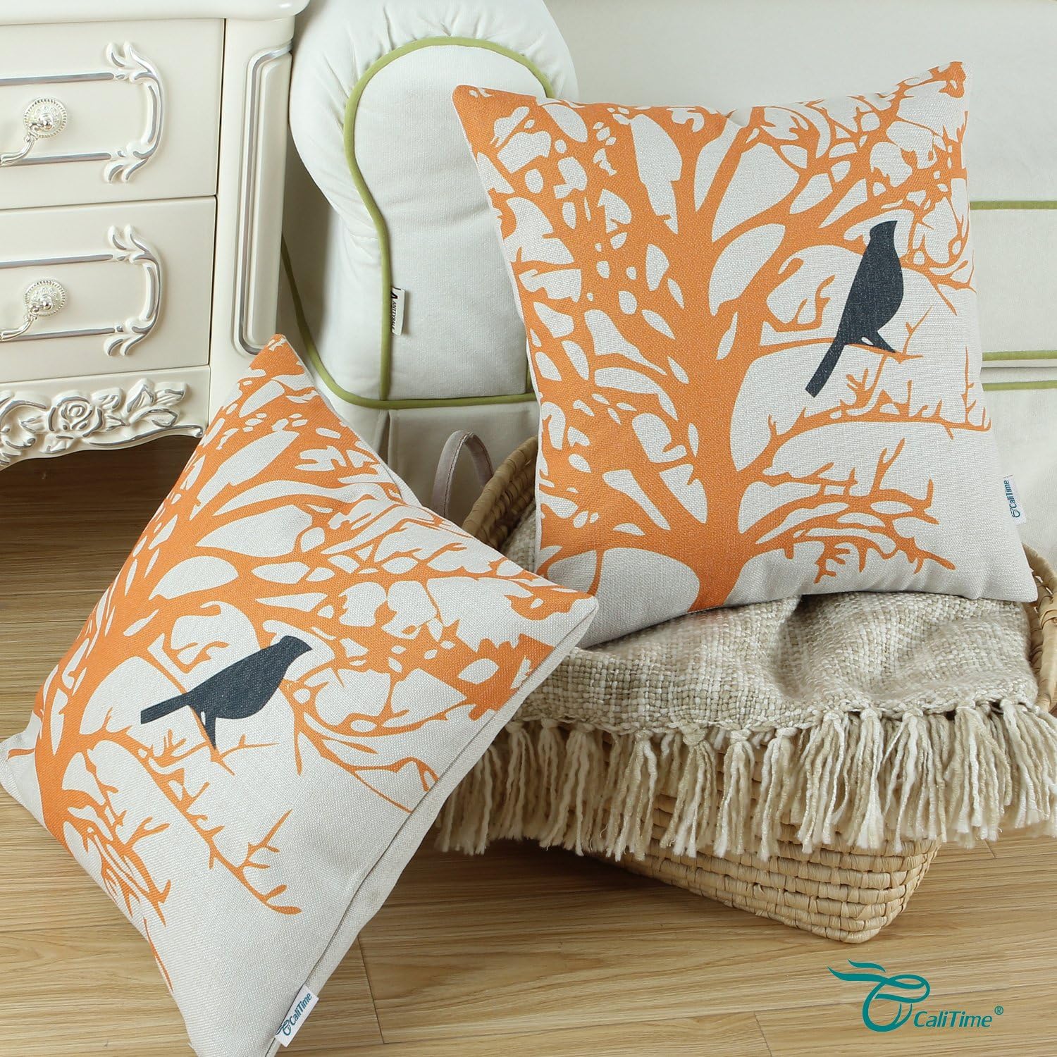 CaliTime Canvas Throw Pillow Cover Case for Couch Sofa Home Decoration Cute Bird Tree Branches Silhouette 18 X 18 Inches Bright Orange Black