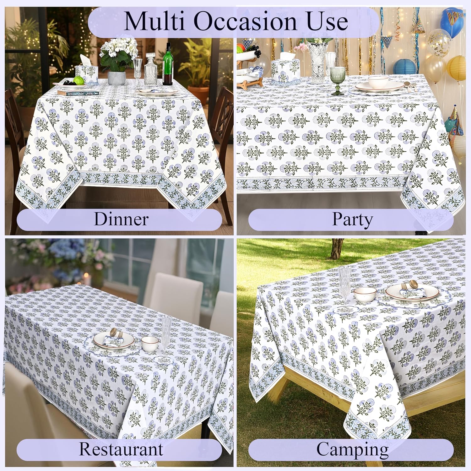 Ridhi Hand Block Print Mughal Buta Blue Square Cotton Tablecloth 60" x 60" Reusable Table Cover Decorative Everyday Use for Dining, Farmhouse, Home Gift for Spring, Easter, Valentine - Image 5