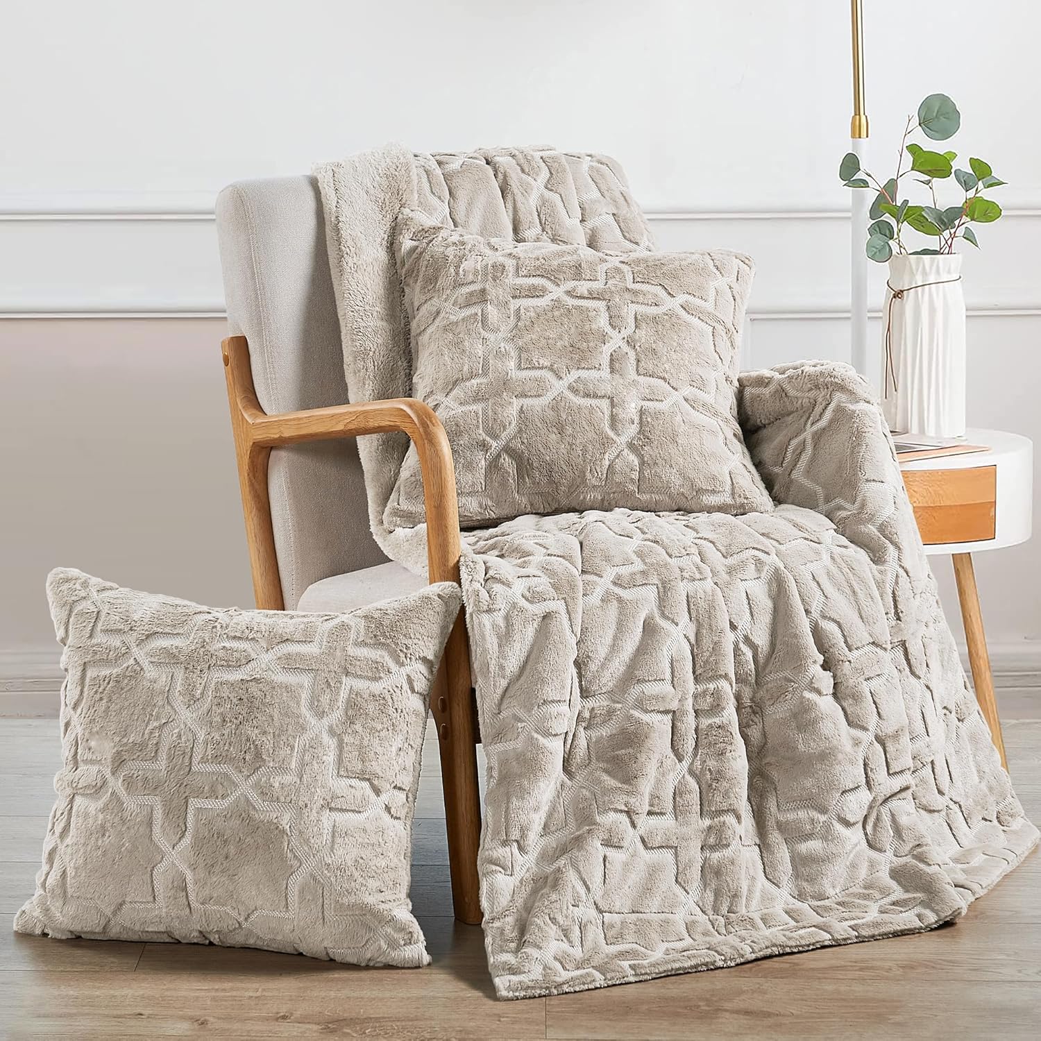 Geometric Embossed Faux Fur 50″ x 60″ Plush Throw Blanket with Two 18″ x 18″ Pillow Covers (NO Inserts) 3 Pcs Set, Soft Fuzzy Furry Throw with Sherpa Back for Couch Bed Chair, Simply Taupe