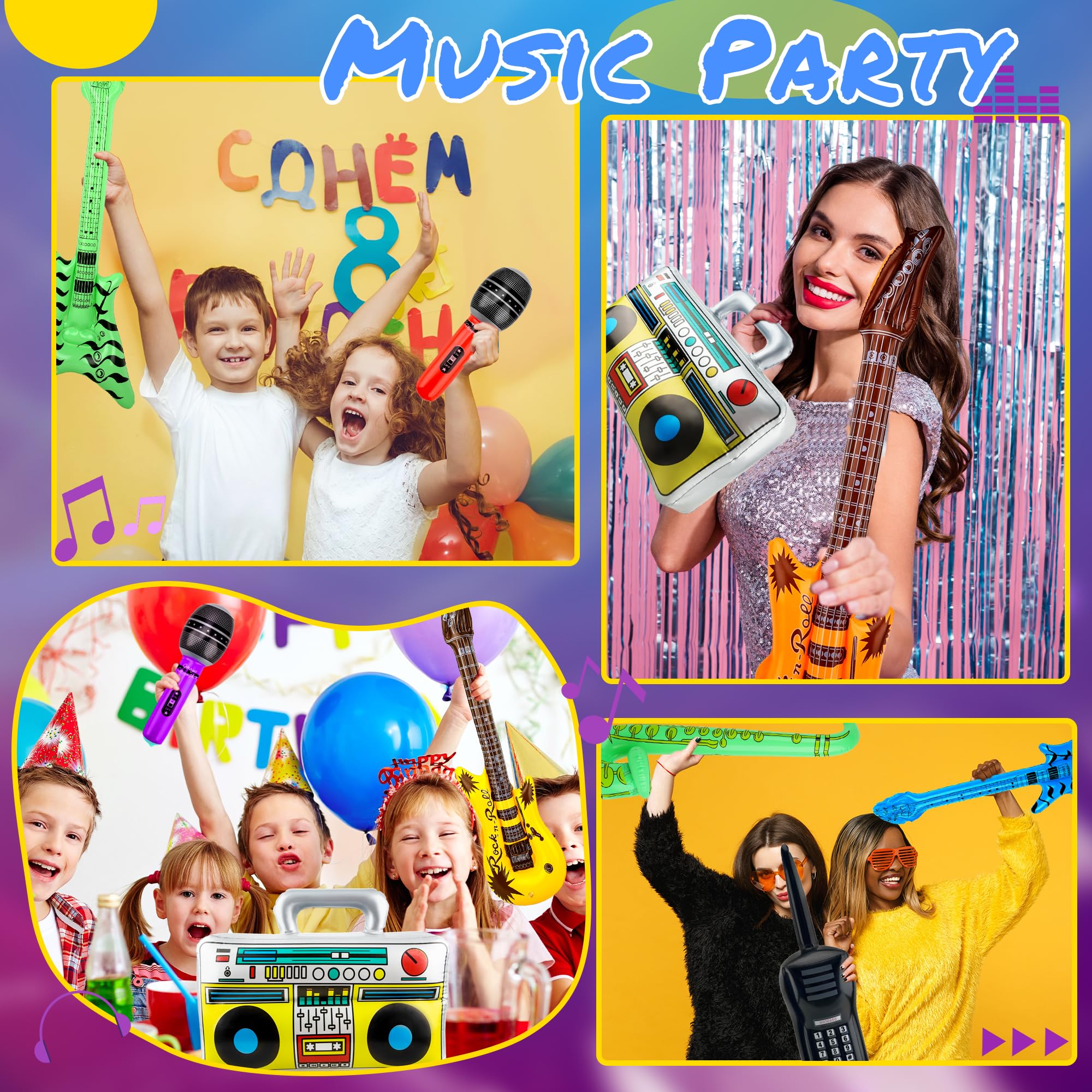 19 Pack Inflatable Rock Star Toy Set 6 Guitars 7 Inflatable Microphones 3 Saxophone 1 Boom Box 1 Mobile Phone 1 Air Pump for Carnival Party Favors Rock and Roll Party Supplies - Image 4