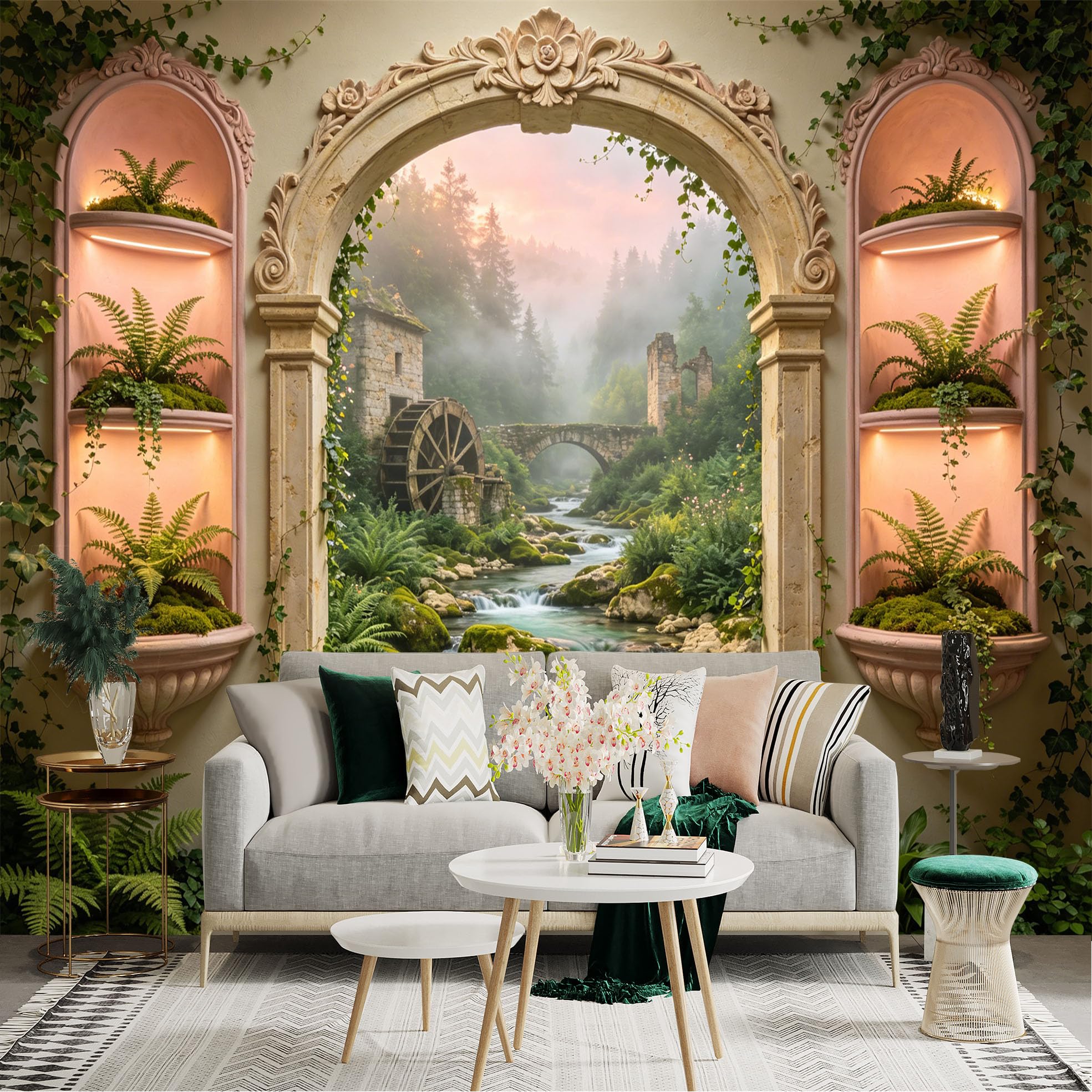 Custom Size Wall Sticker Mural， Vintage Stone Arch with Watermill， River and Forest Scenery， for wall Decoration， peelandstick wall Decals.
