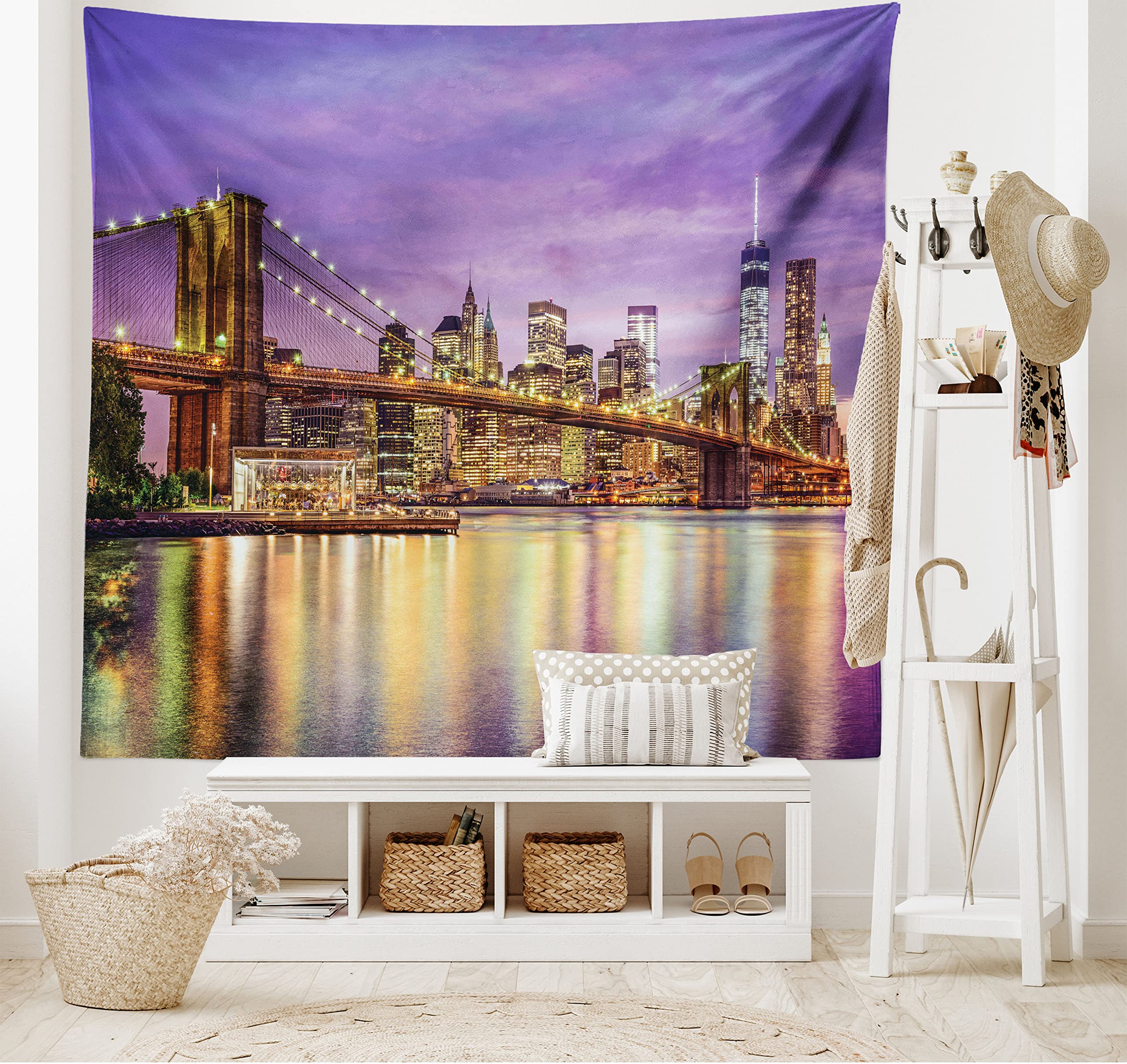 Ambesonne New York Tapestry, NYC Exquisite Skyline Manhattan Broadway Old Neighborhood Tourist Country Print, Fabric Wall Hanging Decor for Bedroom Living Room Dorm, 45