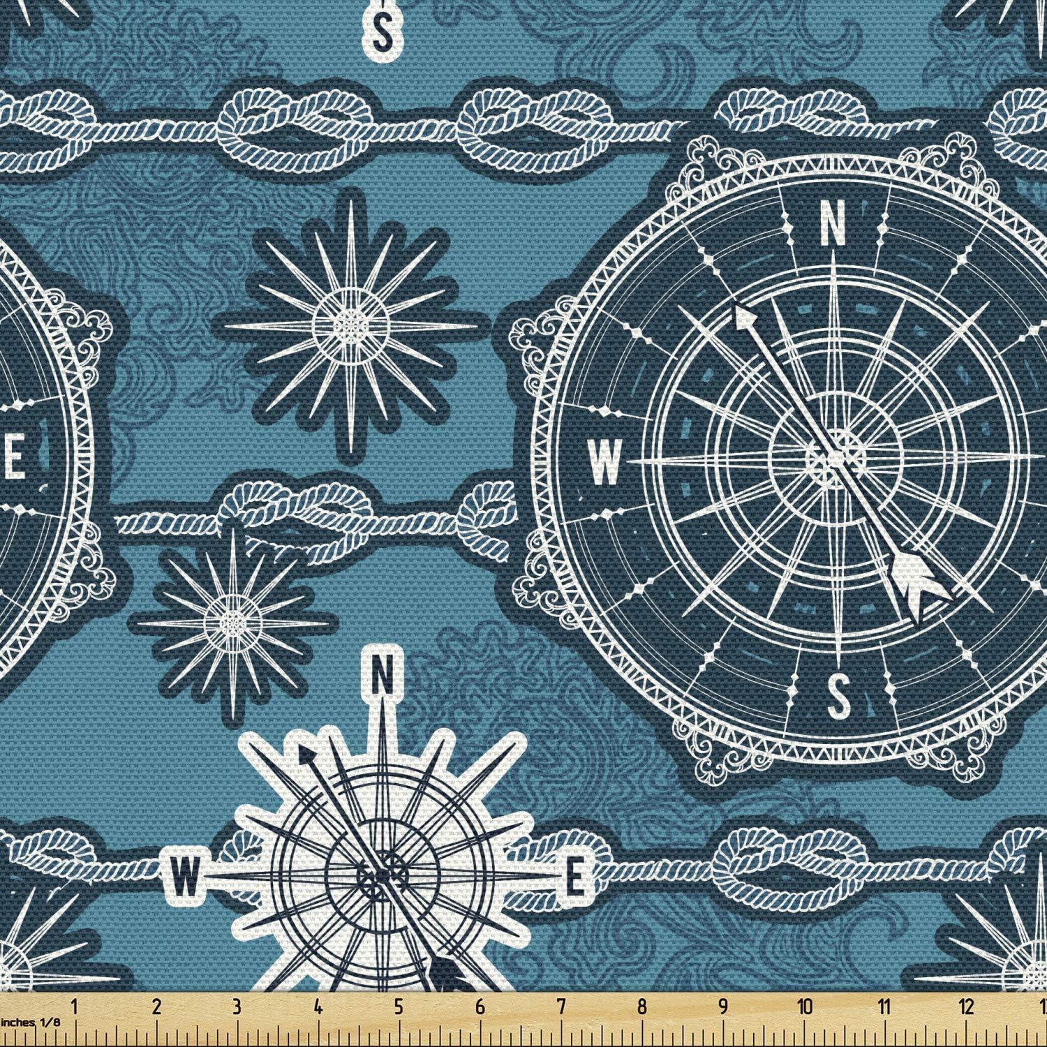 Lunarable Nautical Fabric by The Yard, Compass Design with Wind Rose Knotted Directions North South East West Marine, Decorative Fabric for Upholstery and Home Accents, Blue White