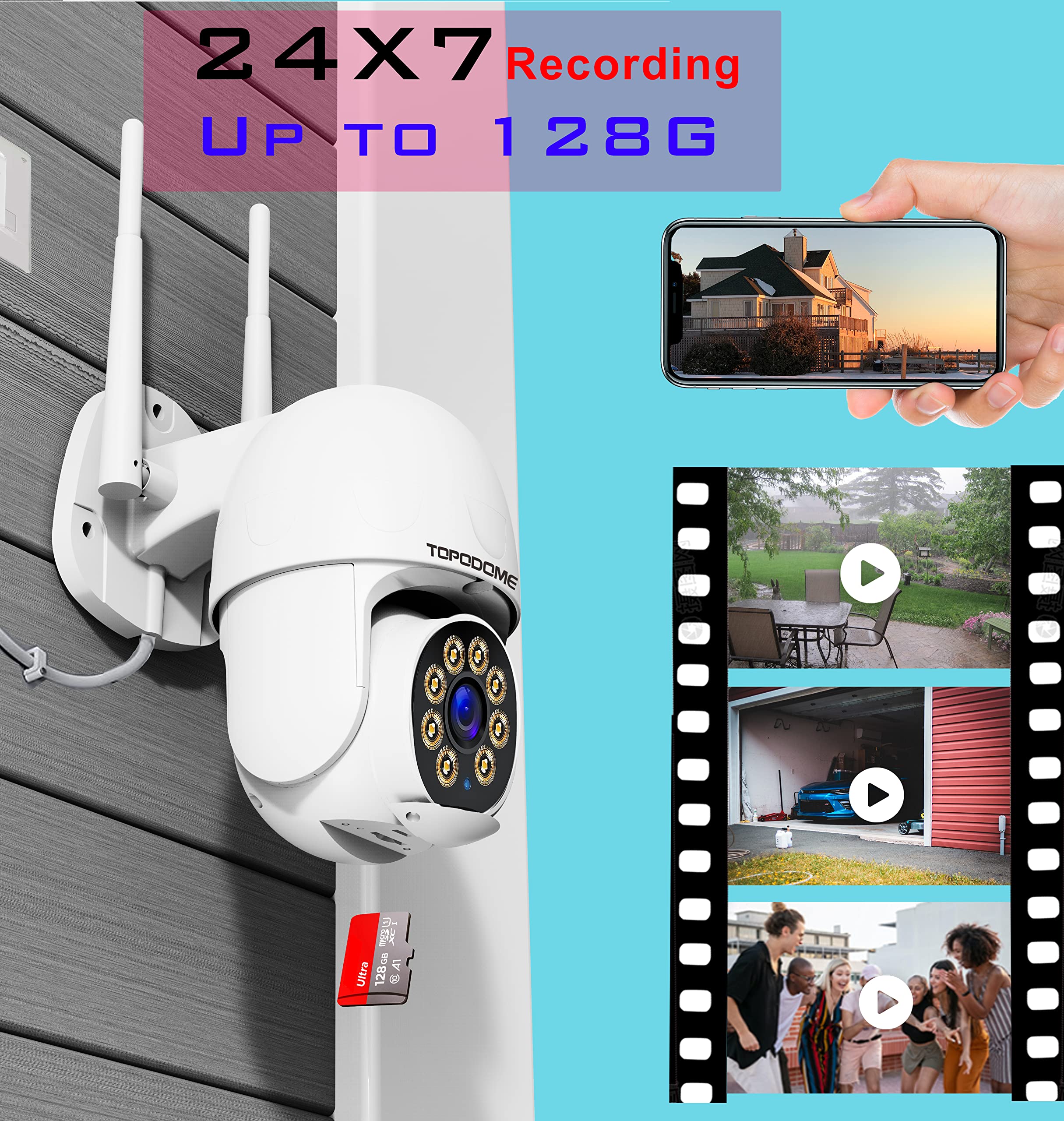 Topodome Telecamera Wi-Fi Esterno/Interno 1080P, Videocamera Sorveglianza WiFi Con Rilevazione Umana, PTZ 360 Gradi Auto Tacking, Visione Notturna Infrarossa e Color 25m, Audio Bidirezionale IP66