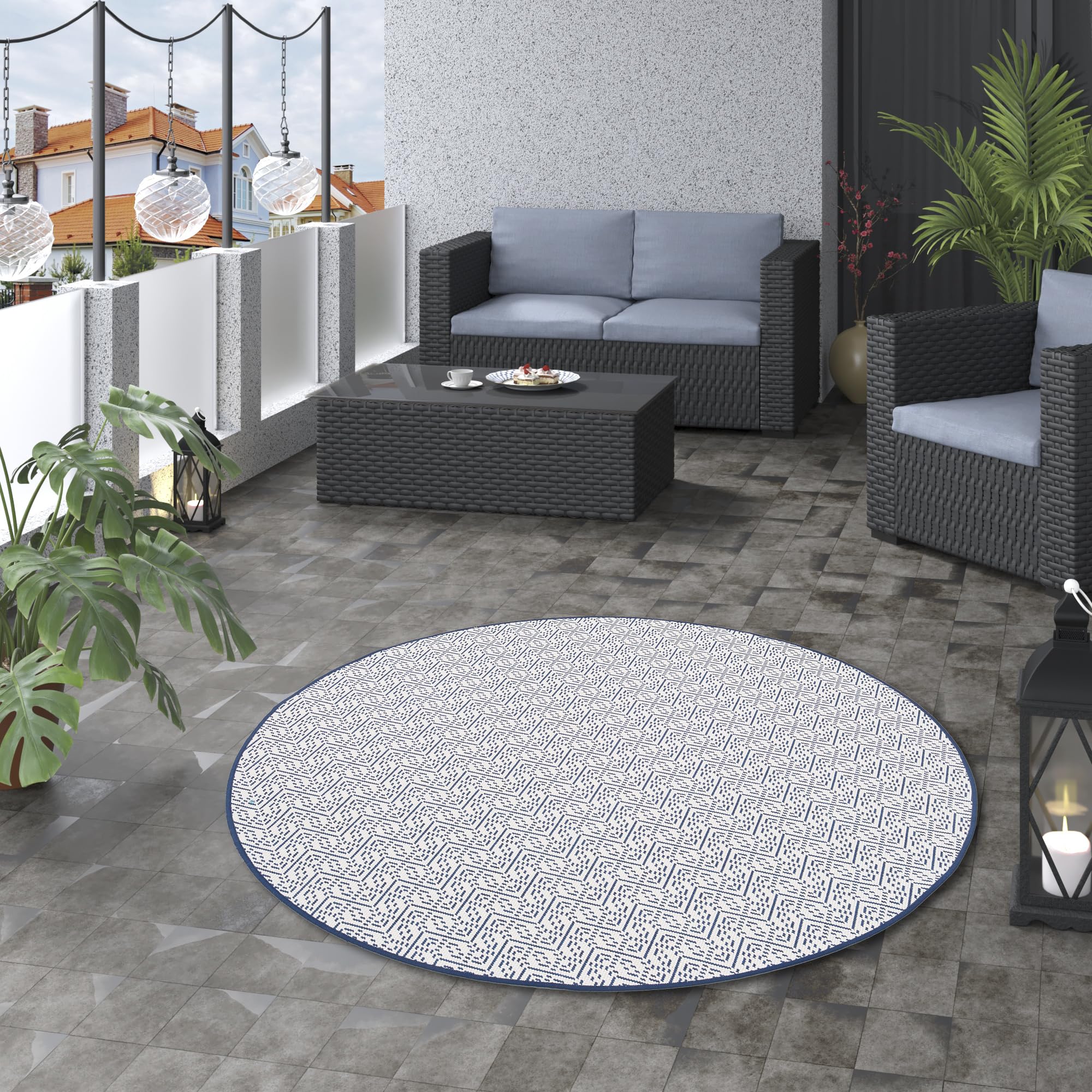 Snapstyle Tapis d'extérieur Cape Cod Bleu foncé Tendance Rond - Réversible, résistant aux UV et imperméable - Parfait pour Les balcons, terrasses et Jardins - Facile à Entretenir et Robuste