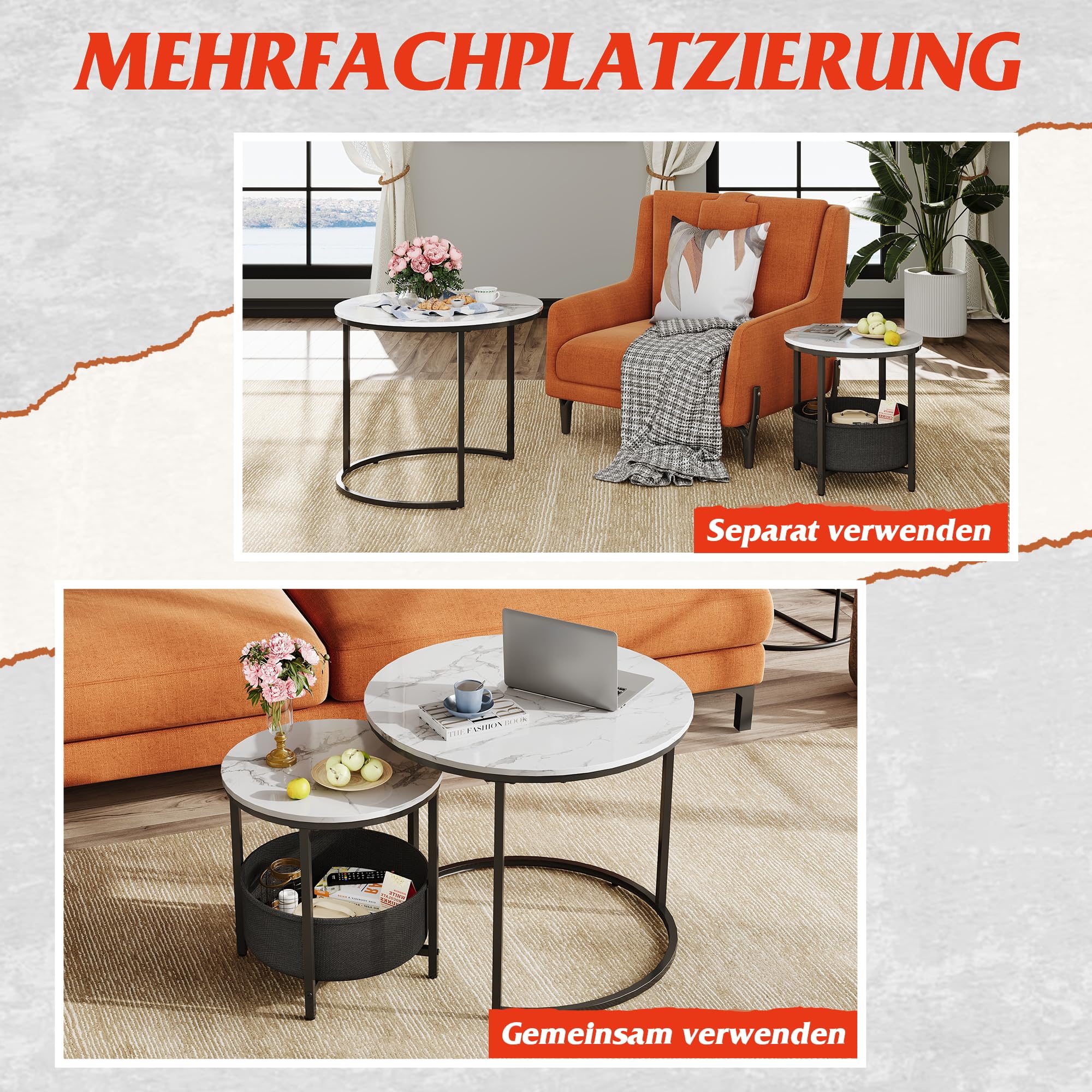WLIVE Couchtisch 2er Set, Beistelltisch Rund mit Stauraum, Wohnzimmertisch Holz mit Metallrahmen, Sofatisch für Wohnzimmer Schlafzimmer (Marmor Weiß, 60 cm und 40 cm Durchmesser)