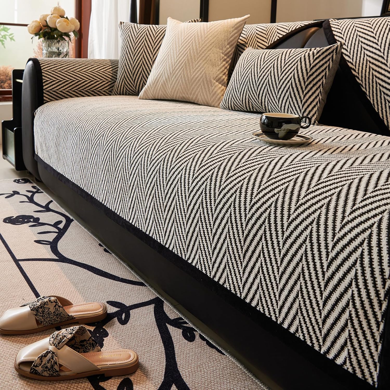 vctops Black and White Stripe Couch Cover Farmhouse Chenille Sofa Covers Soft Cozy Non Slip Sectional Couch Cover Washable Sofa Slipceover for Dogs, Pets Furniture Protector (Black,36"x82")