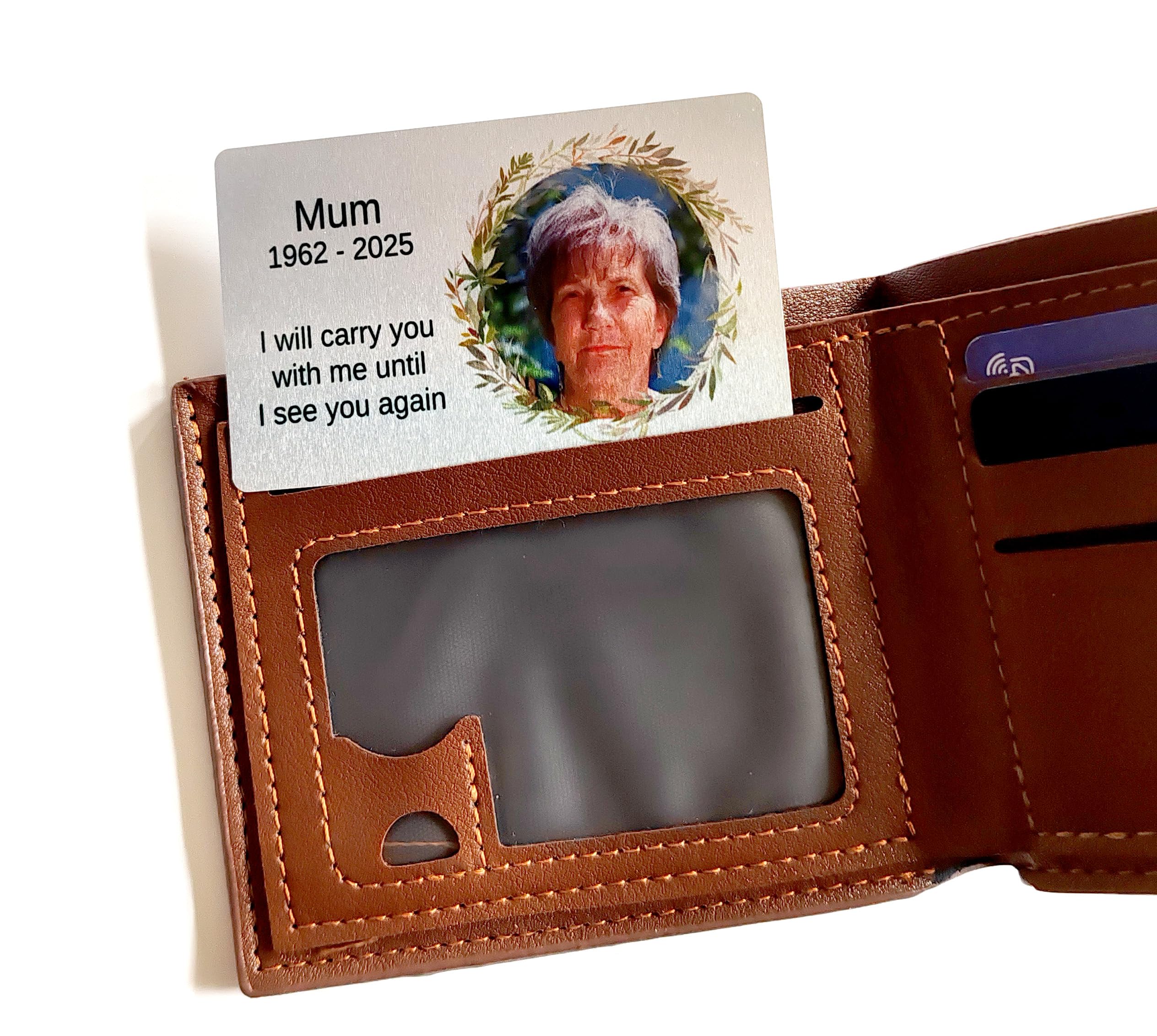 Personalised Aluminium Memorial Wallet or Purse Card – Custom Photo, Name and Dates – “I Will Carry You With Me” Verse – Available in White, Gold or Silver – Remembrance Keepsake