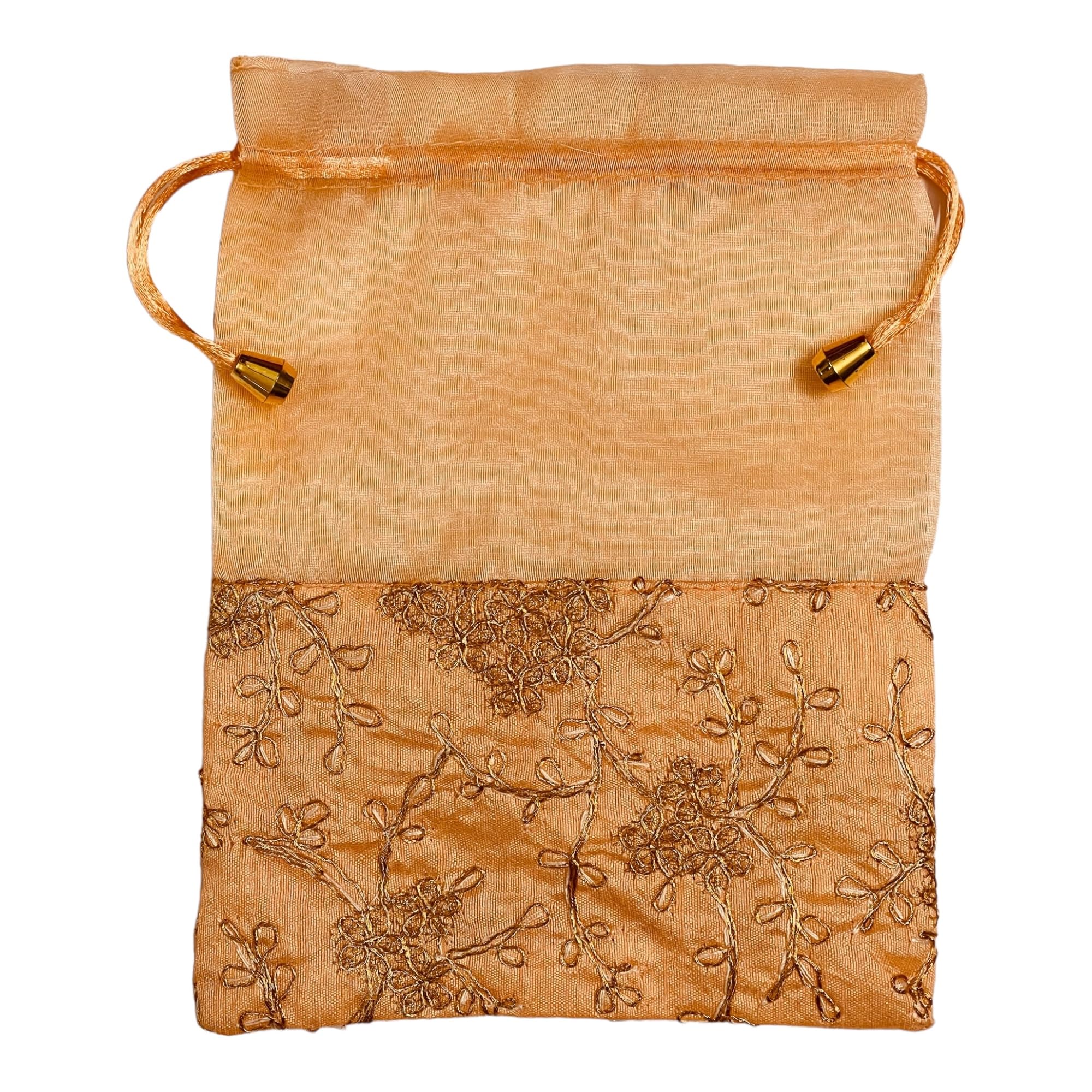 KRIWIN Pack of 10 Women's Silk Drawstring Closure Embroided Gift Potli Bags Pouches 9 X 7 inch Capacity- 450 gram (Peach) 4