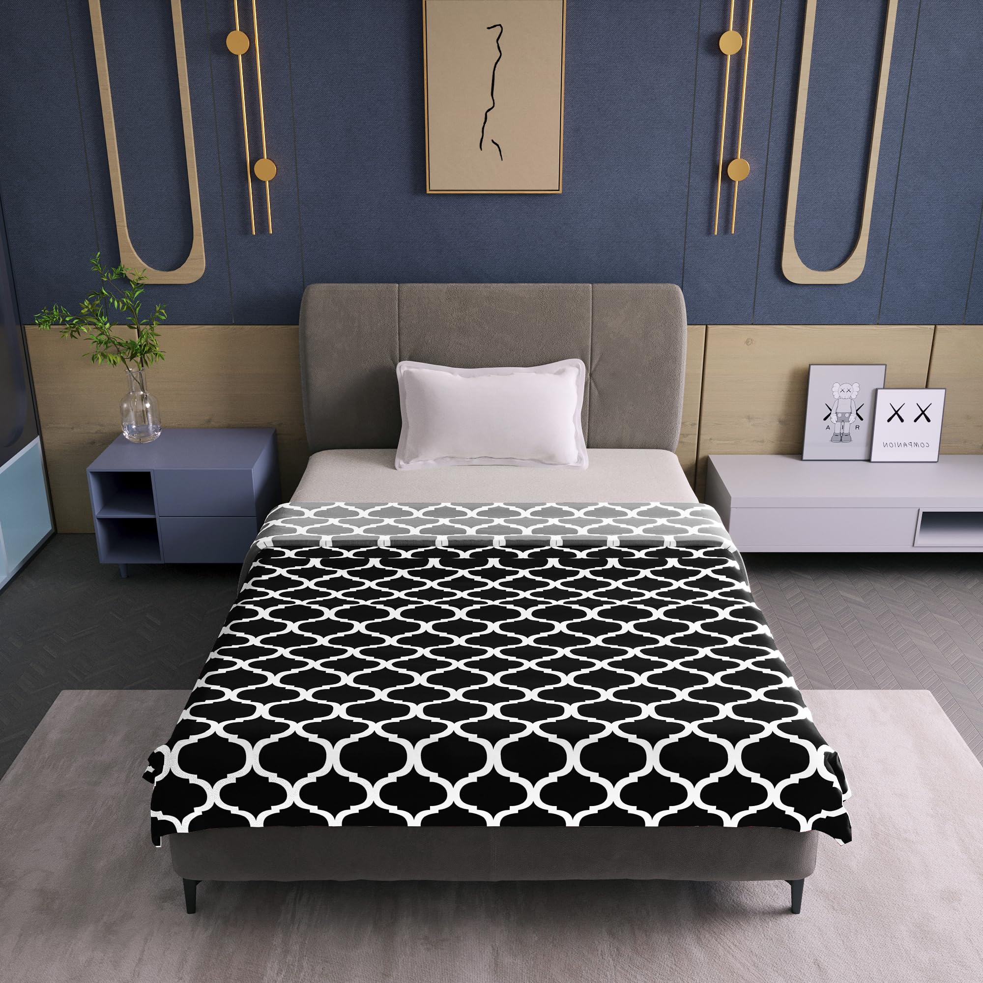 Divine Casa 120 GSM Microfiber Single Dohar | Soft & Lightweight Throw Blanket | Cozy & Breathable | All-Season Comfort | 210 x 140 CM | Moroccan Pattern | Caviar
