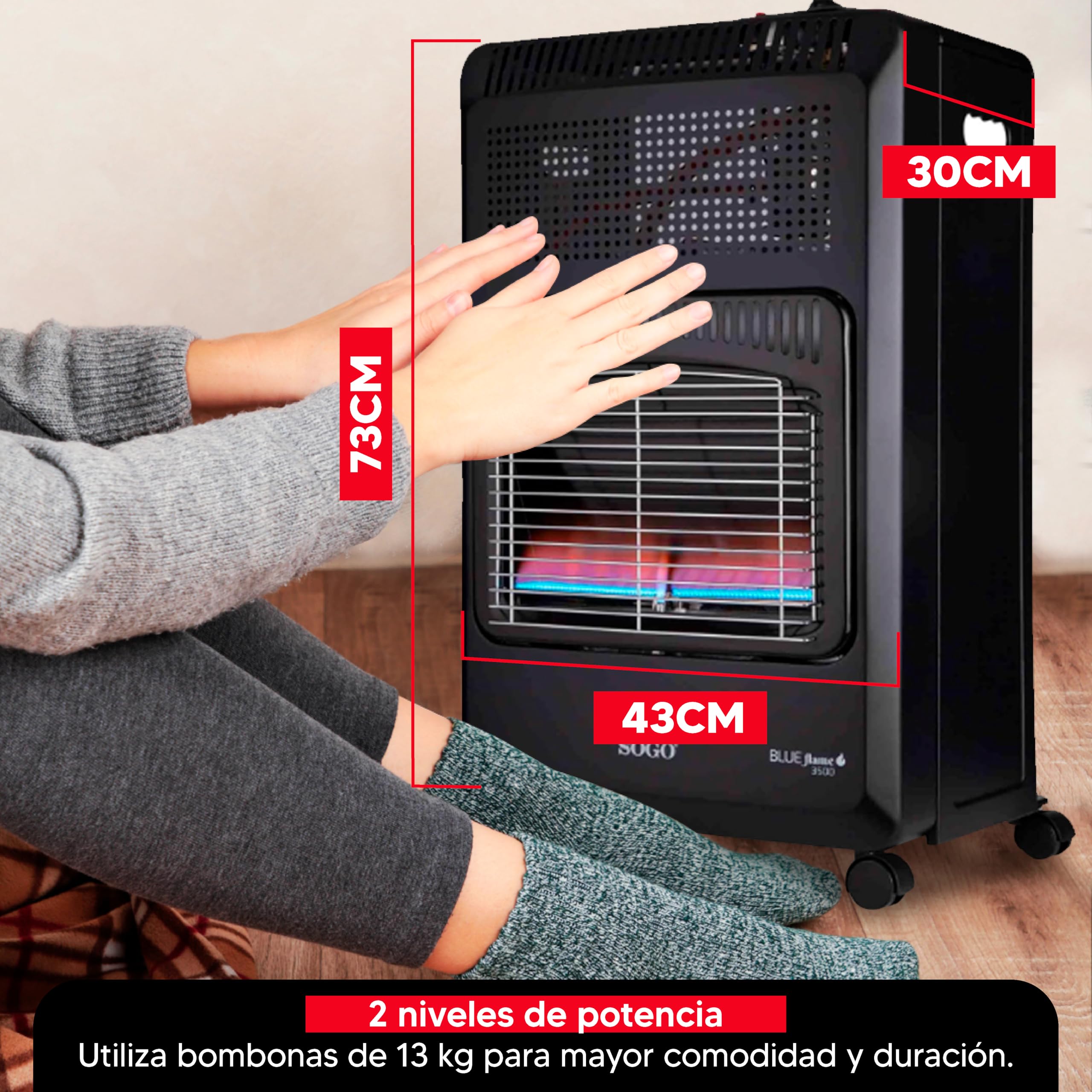 Sogo Estufa de Gas Butano Llama Azul Plegable para Almacenamiento - Estufa de Gas Butano 2 Potencias con Triple Sistema de Seguridad y 5 Ruedas – Estufa Llama Azul Bombonas 13Kg - 3500W Potencia