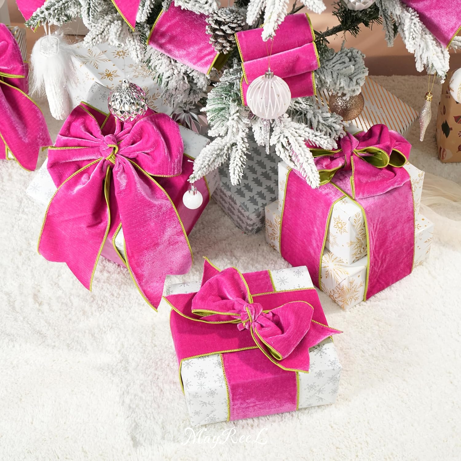 MAYREEL 4 Inch Two-Tone Hot Pink and Lime Green Reversible French Velvet Wired Edge Ribbon for Christmas Tree Gift Wrapping Decorations Double Faced Design 10 Yards