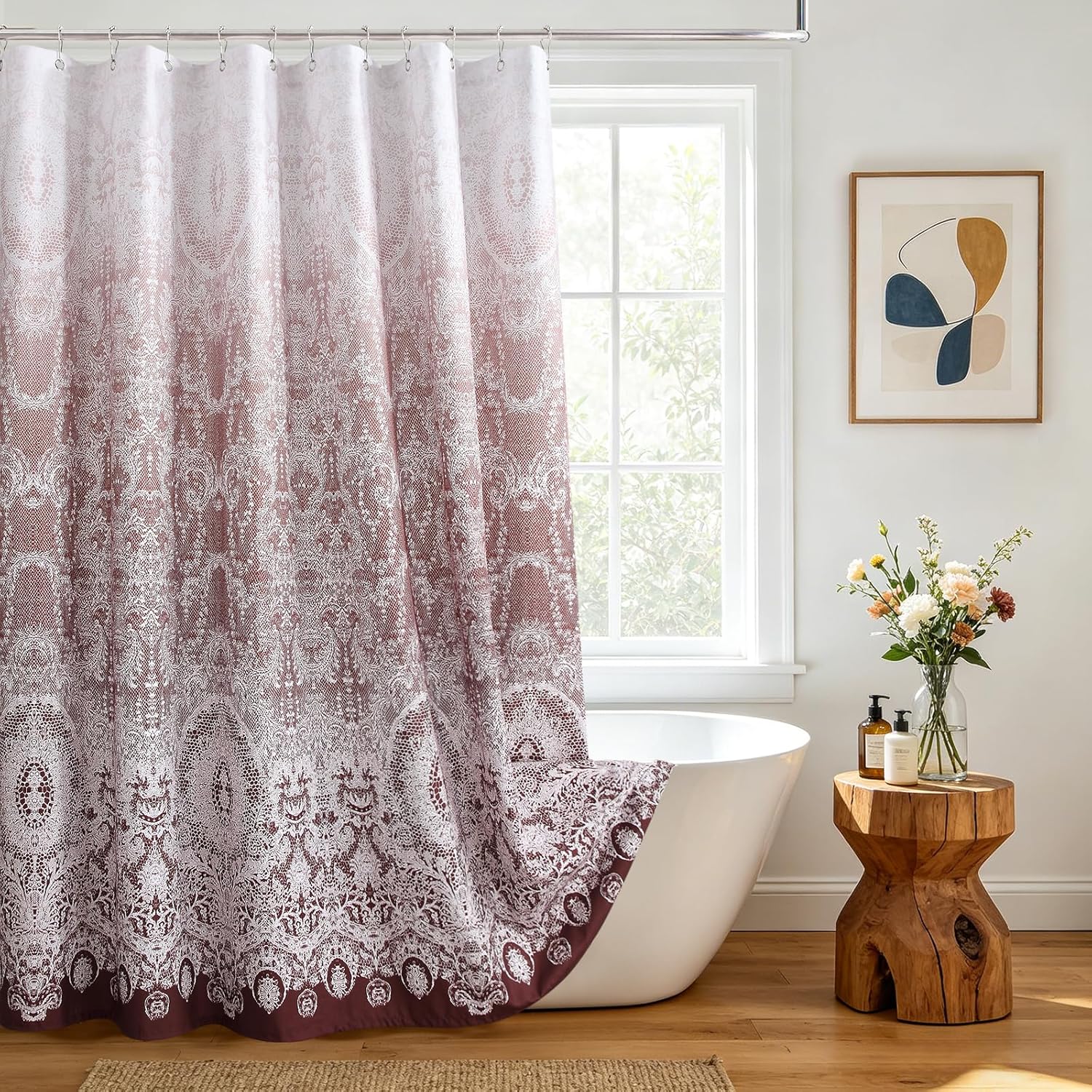 Brown Ombre Shower Curtain,Brown to White Gradient Lace Printed Fabric Curtains for Bathroom,72" W x 72" H
